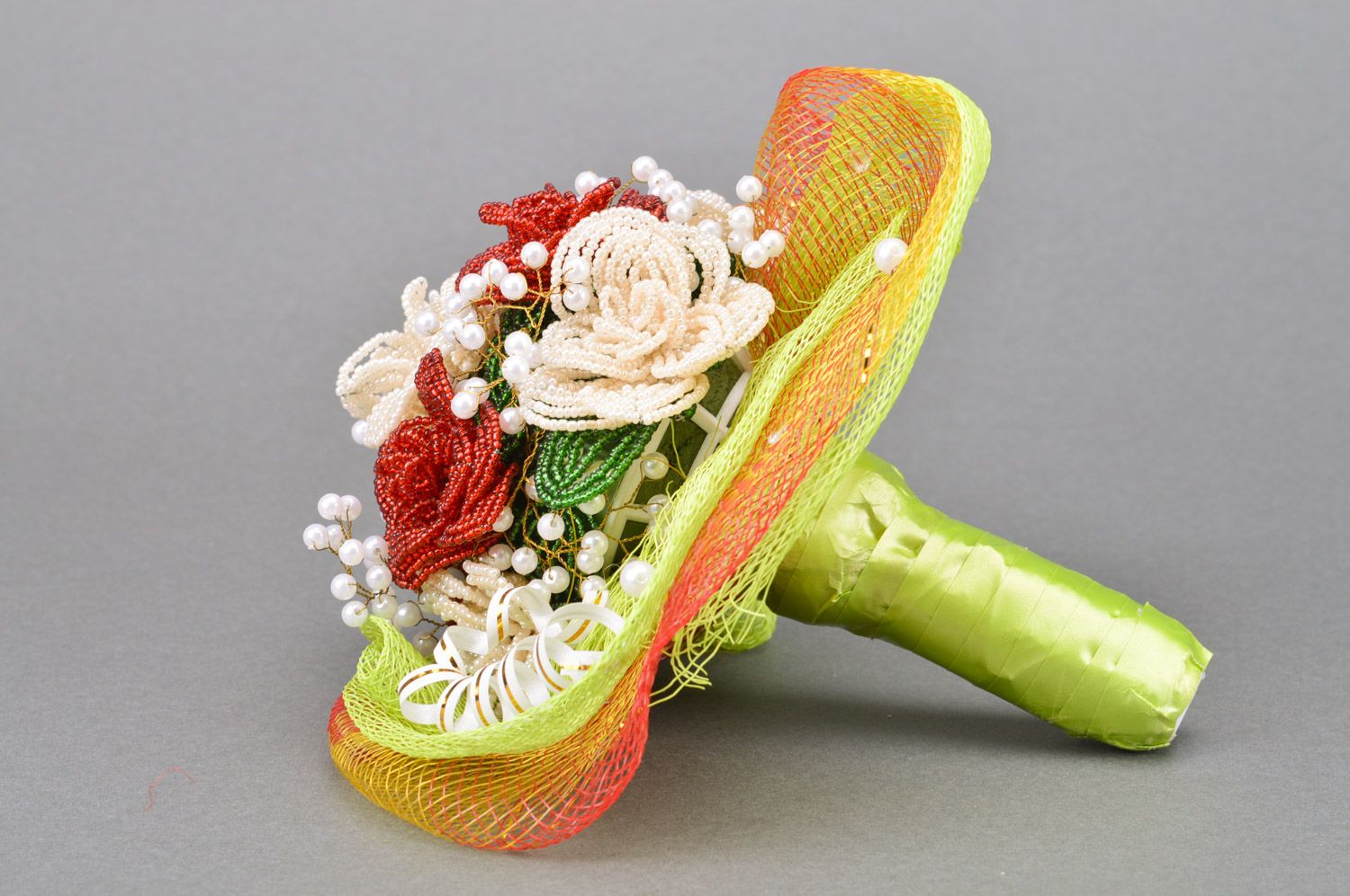 Свадебный букет для невесты из бисера красно-белый красивый ручное плетение фото 5
