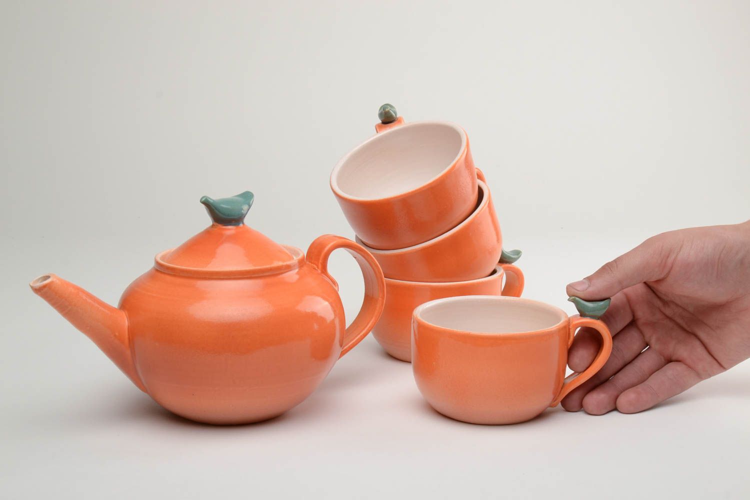 Handmade ceramic tea set with enamel coating glazed clay teapot for 1 l and 4 cups for 300 ml each photo 5
