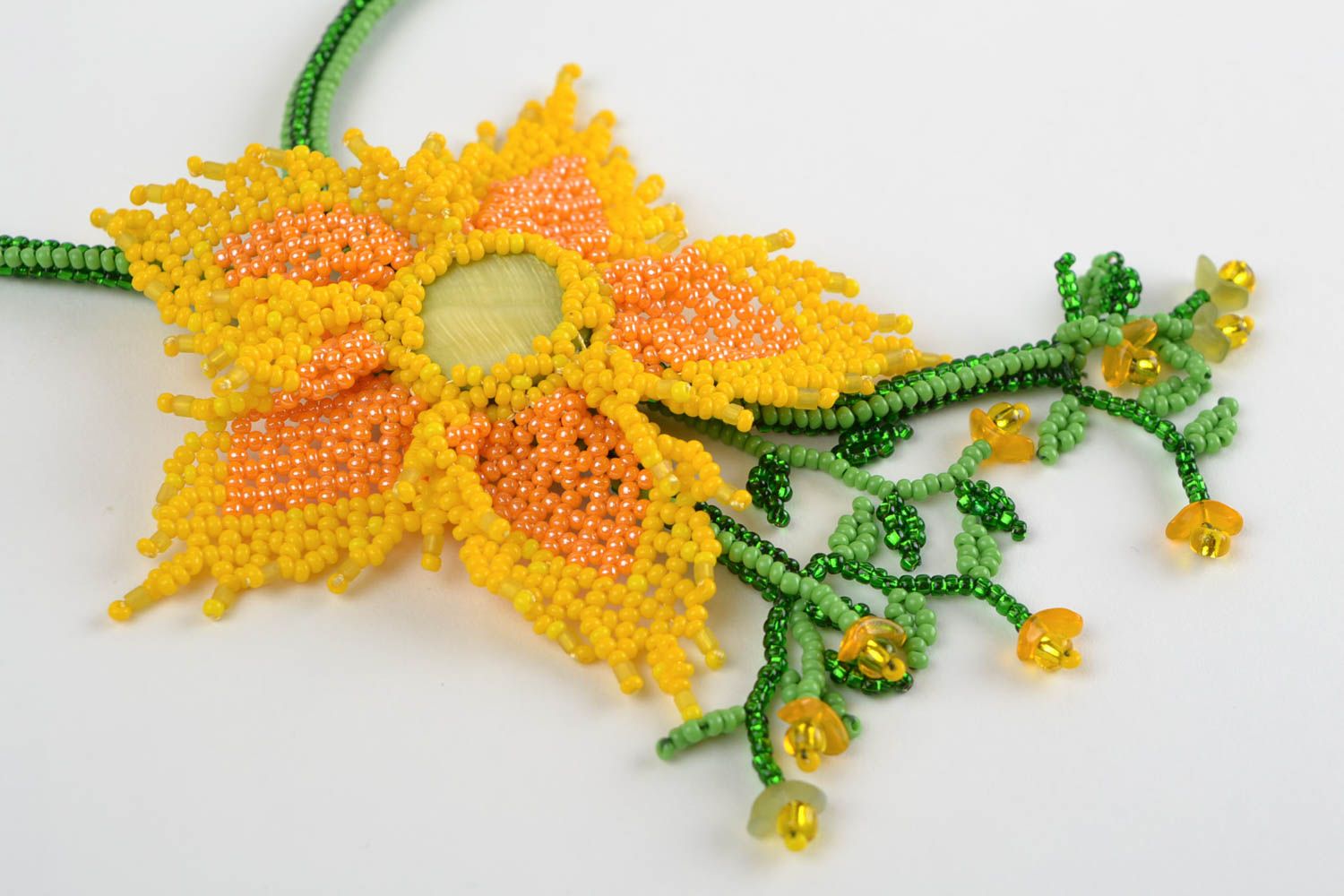 Bright long handmade necklace made of beads and natural stones Yellow flower photo 4
