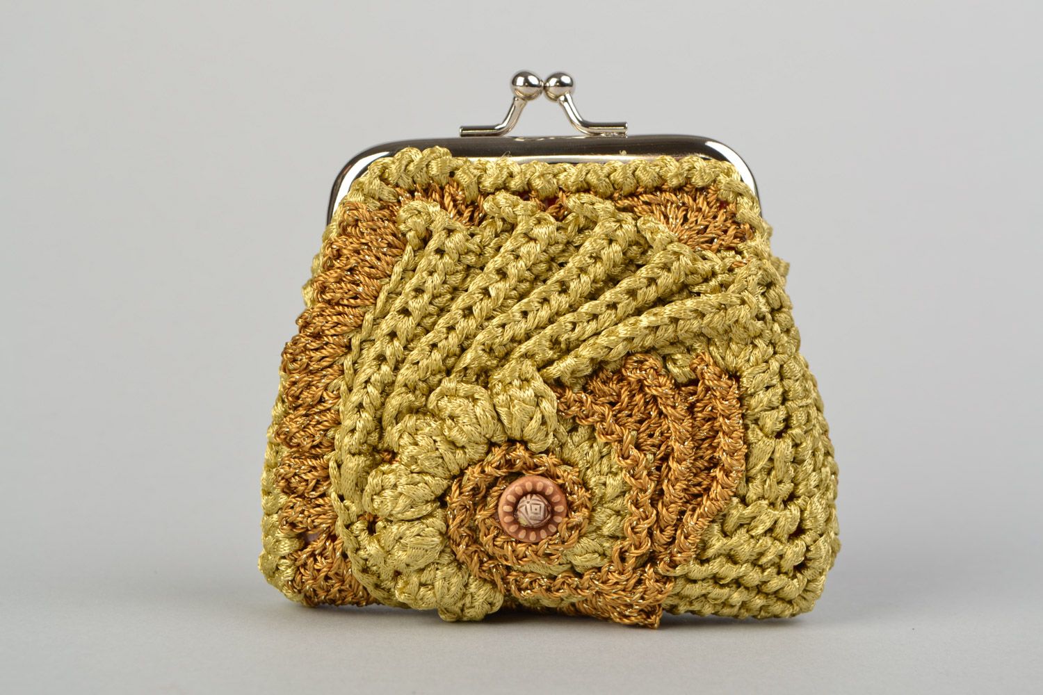 Porte-monnaie à clip tricoté en acrylique au crochet ajouré doré fait main femme photo 1