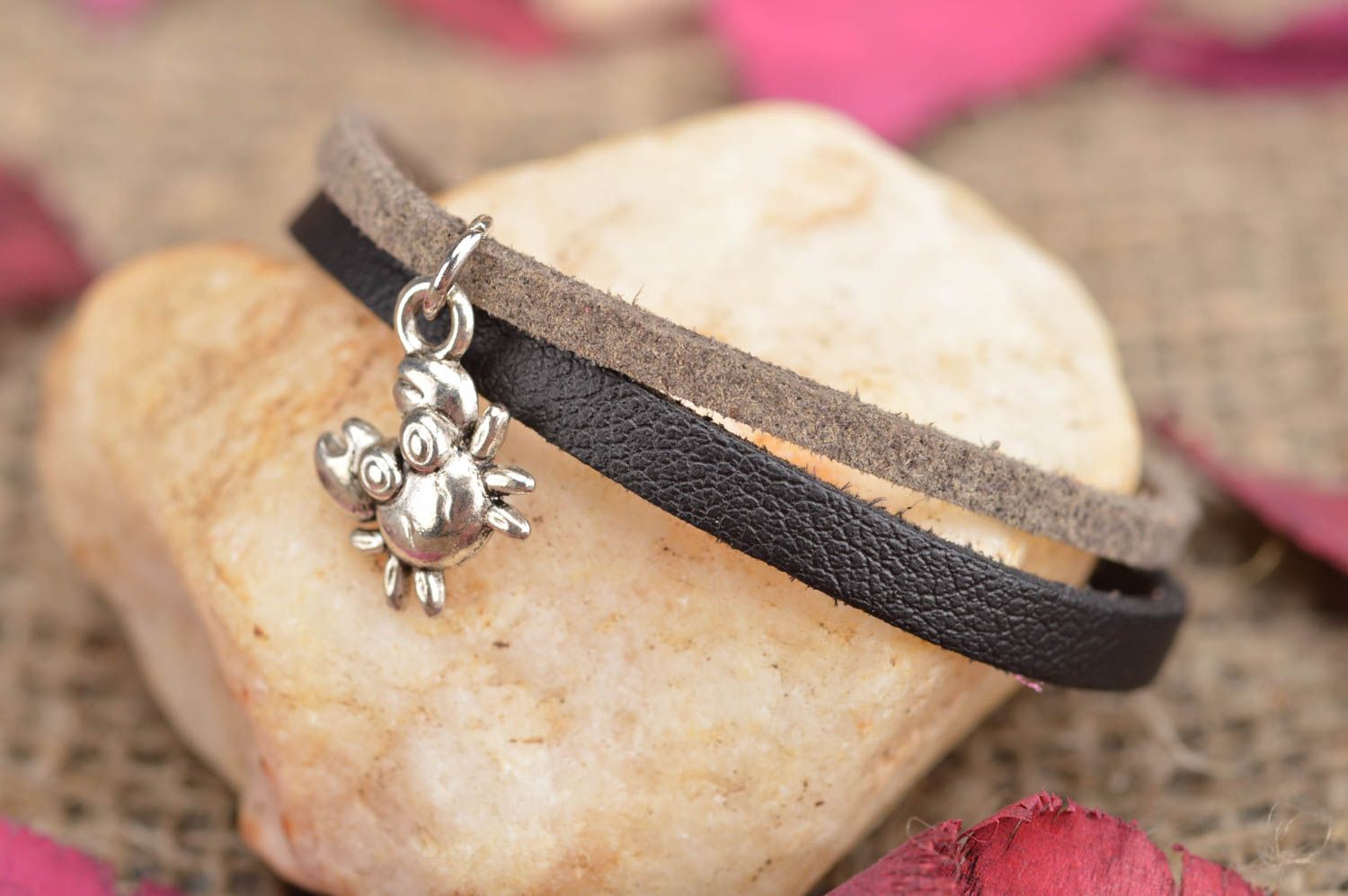 Handmade designer genuine leather cord bracelet black and beige with metal charm photo 1