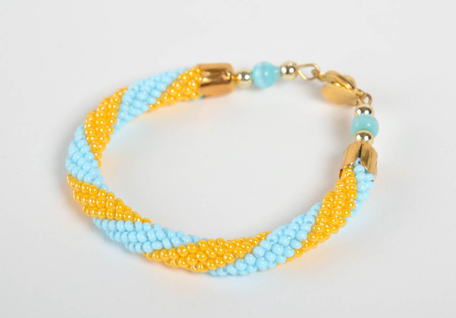 Handmade beaded cord bracelet in yellow and blue colors for women  photo 4