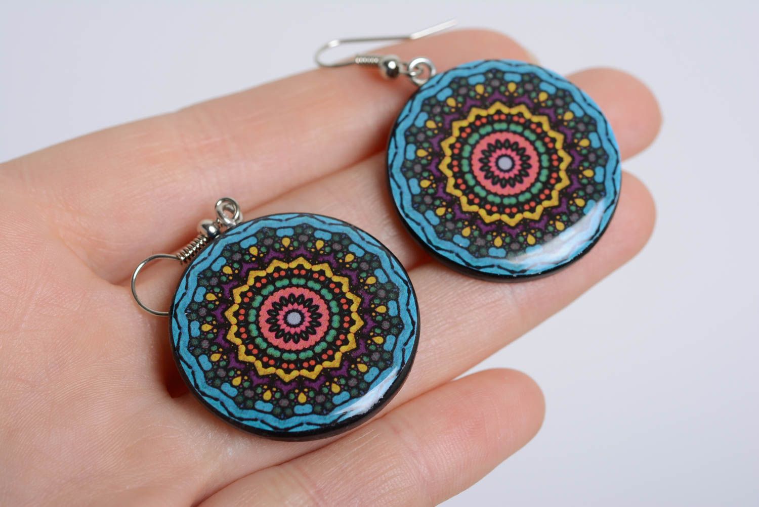 Handmade earrings with pattern bright stylish designer polymer clay accessory photo 3