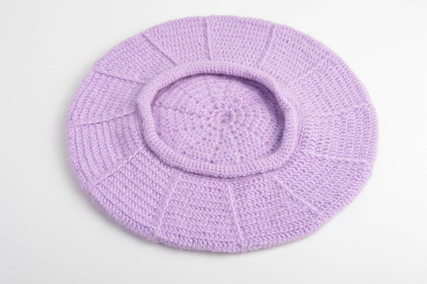 Crocheted handmade beret stylish lilac cap for girls unusual winter cap photo 4