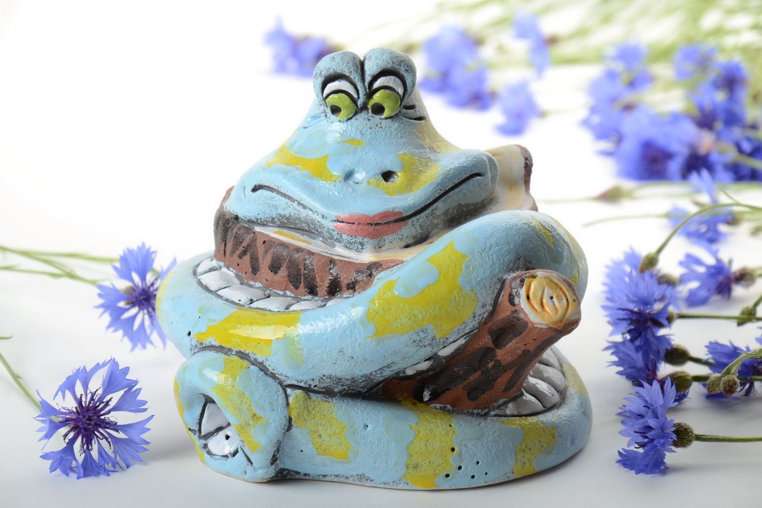 Handmade funny semi porcelain painted figurine money box blue snake on stub photo 1