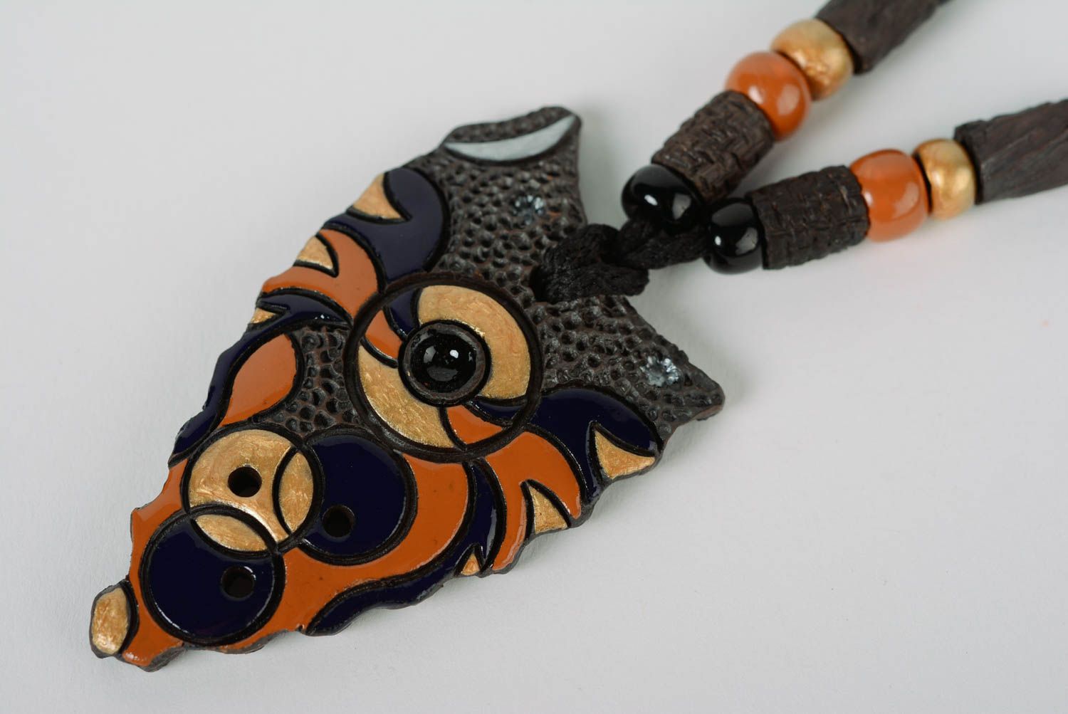 Handmade clay pendant painted with enamels on long string of unusual shape photo 2