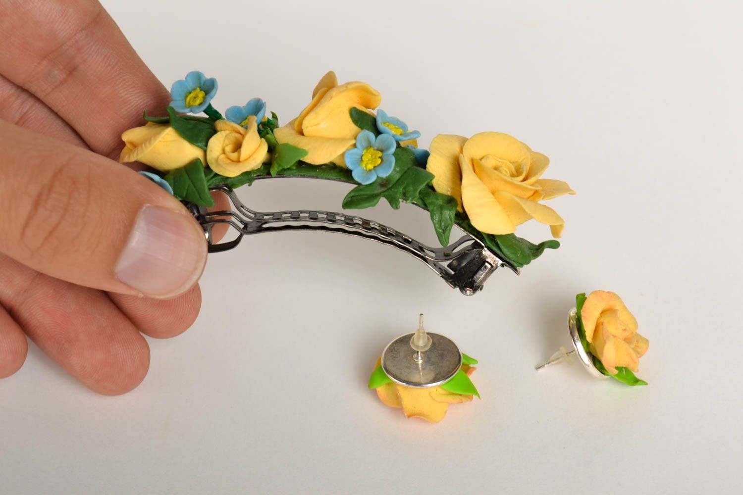 Schmuck Set handmade Blumen Ohrringe in Gelb Haar Spange Mode Accessoires schön foto 5