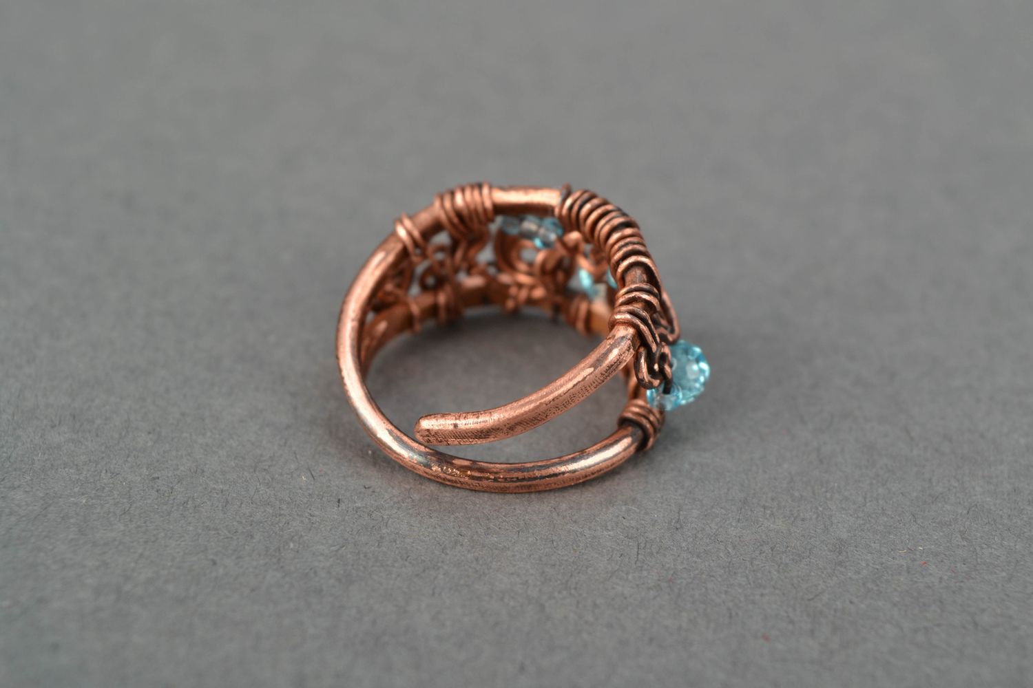 Lacy copper ring with blue crystal wire wrap technique photo 4