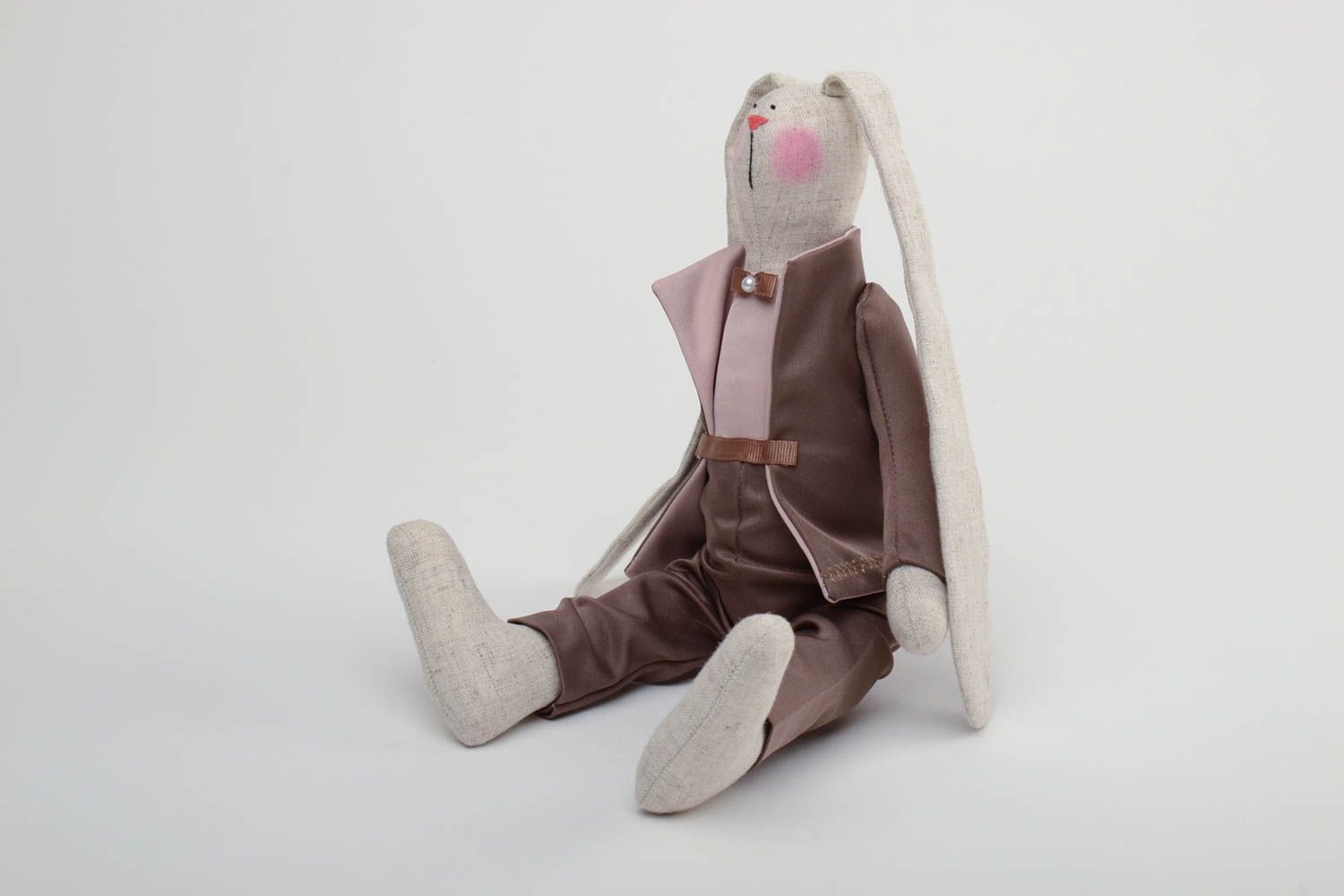 Handmade decorative fabric toy cute bunny in suit made of cotton interior decor photo 3