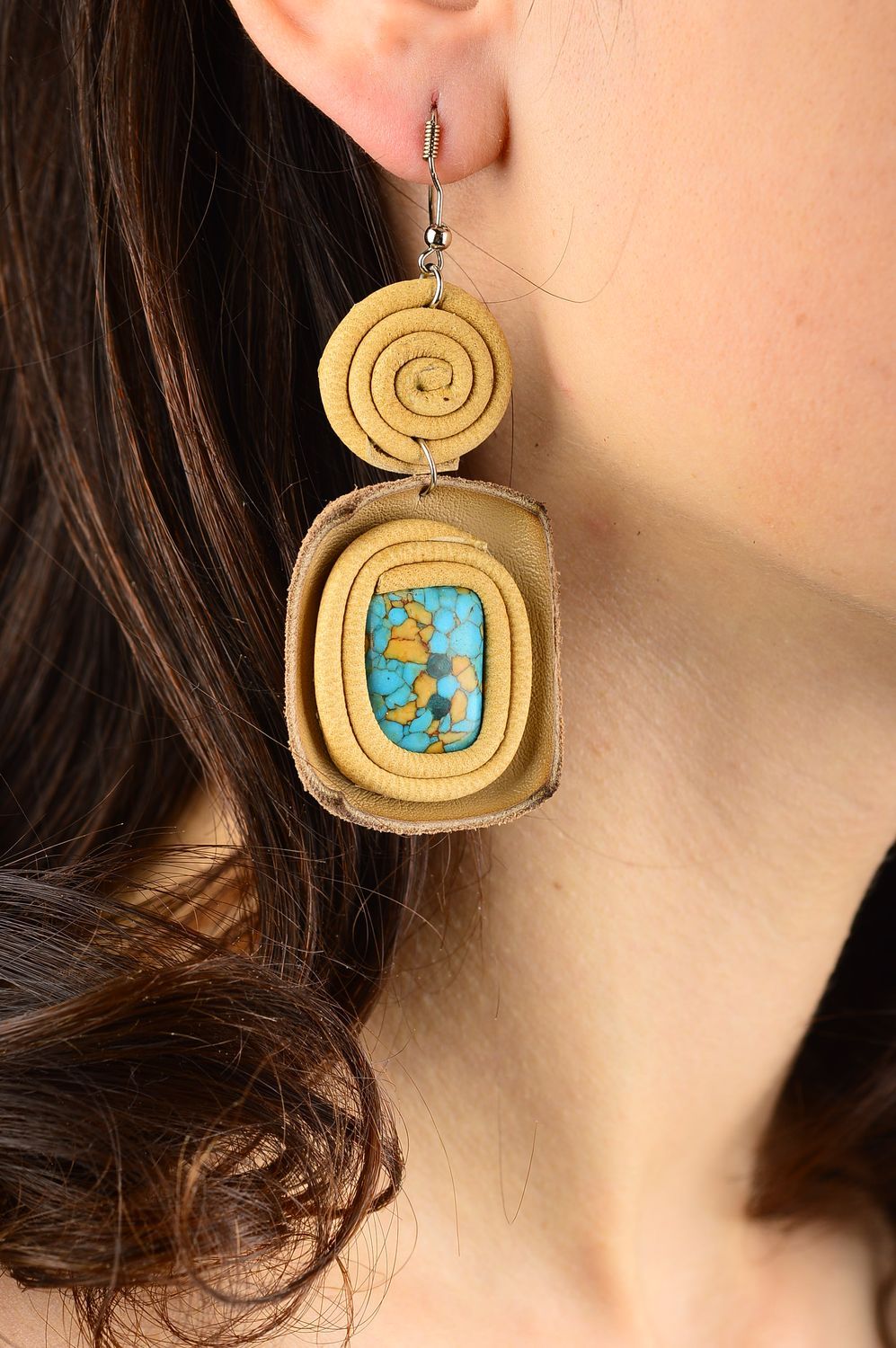 Handmade stylish earrings natural stone jewelry leather massive earrings photo 2