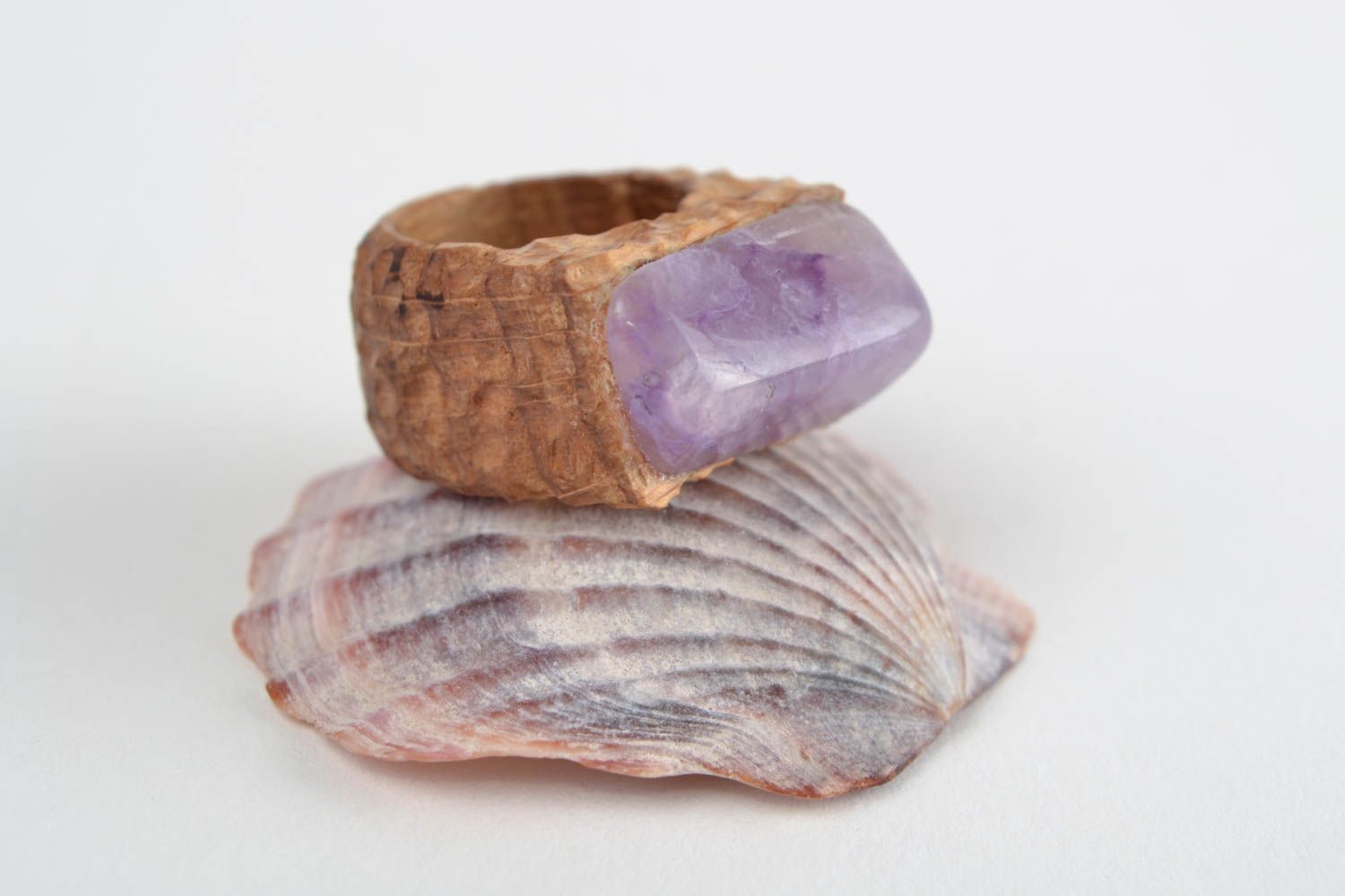 Handmade stylish jewelry ring carved of wood with natural tender violet stone photo 1