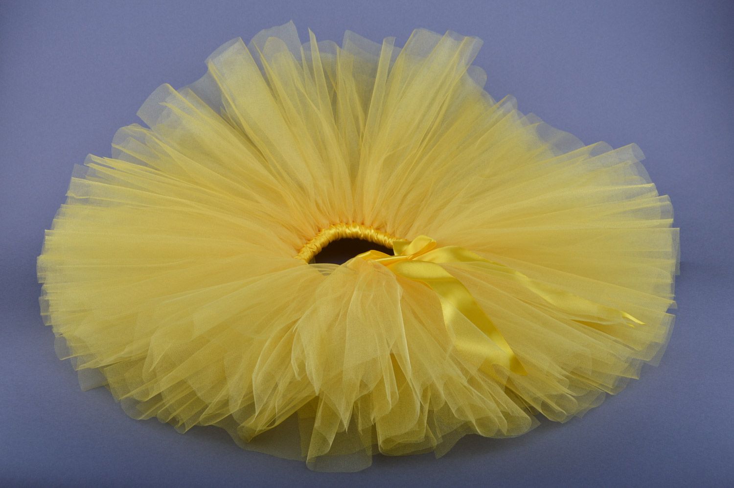 Handmade ballet tutu skirt sewn of bright yellow tulle and ribbons for children photo 1