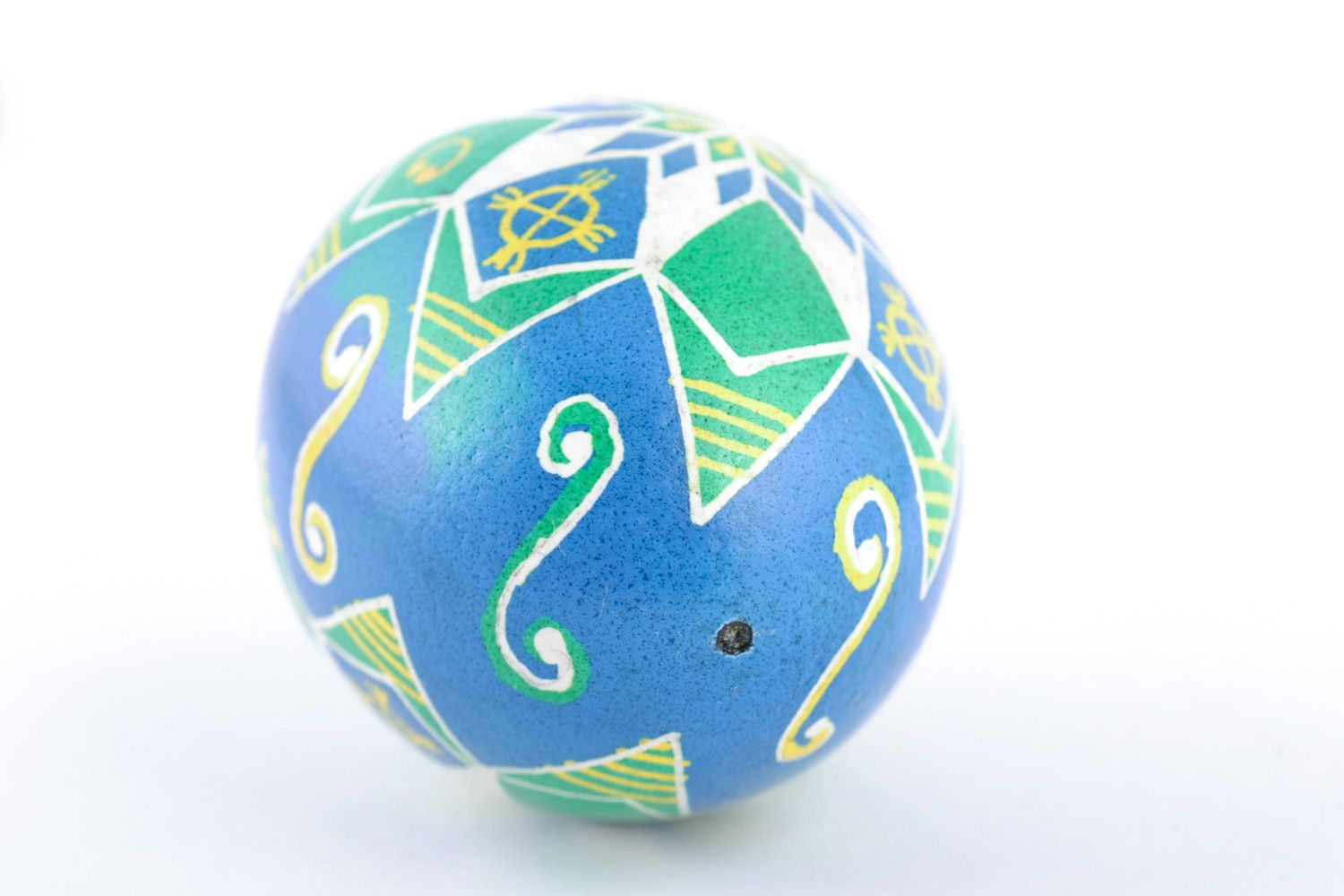 Handmade painted chicken egg with pattern of blue and green colors for Easter photo 5