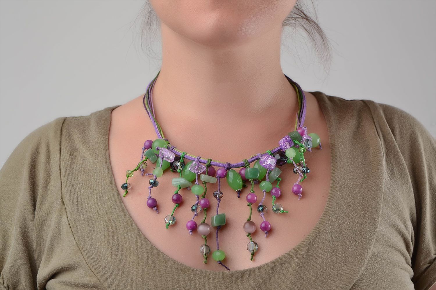 Beautiful handmade leather-based lilac necklace made of natural stones photo 1