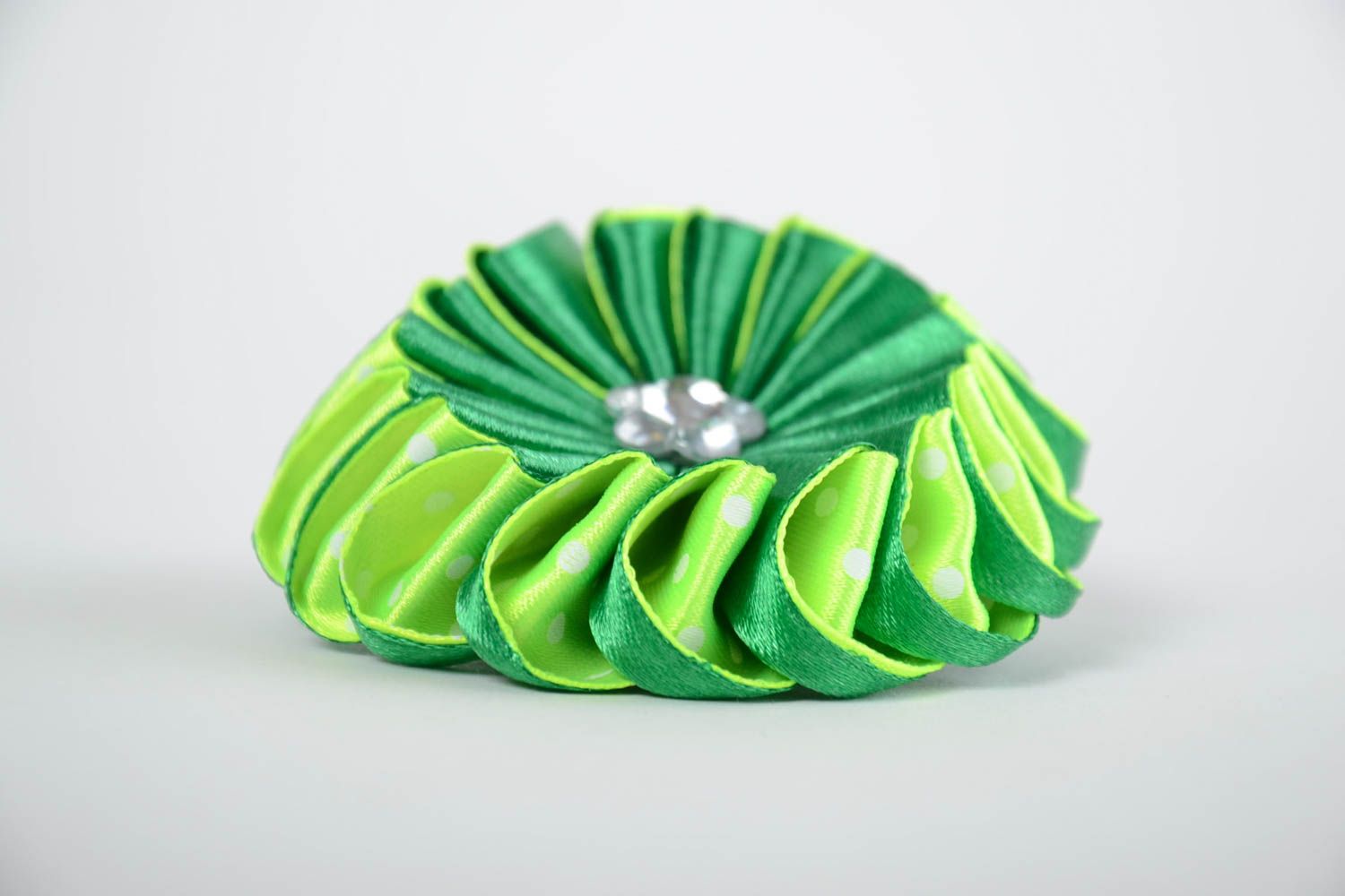 Handmade designer hair band with bright green satin ribbon kanzashi flower  photo 4