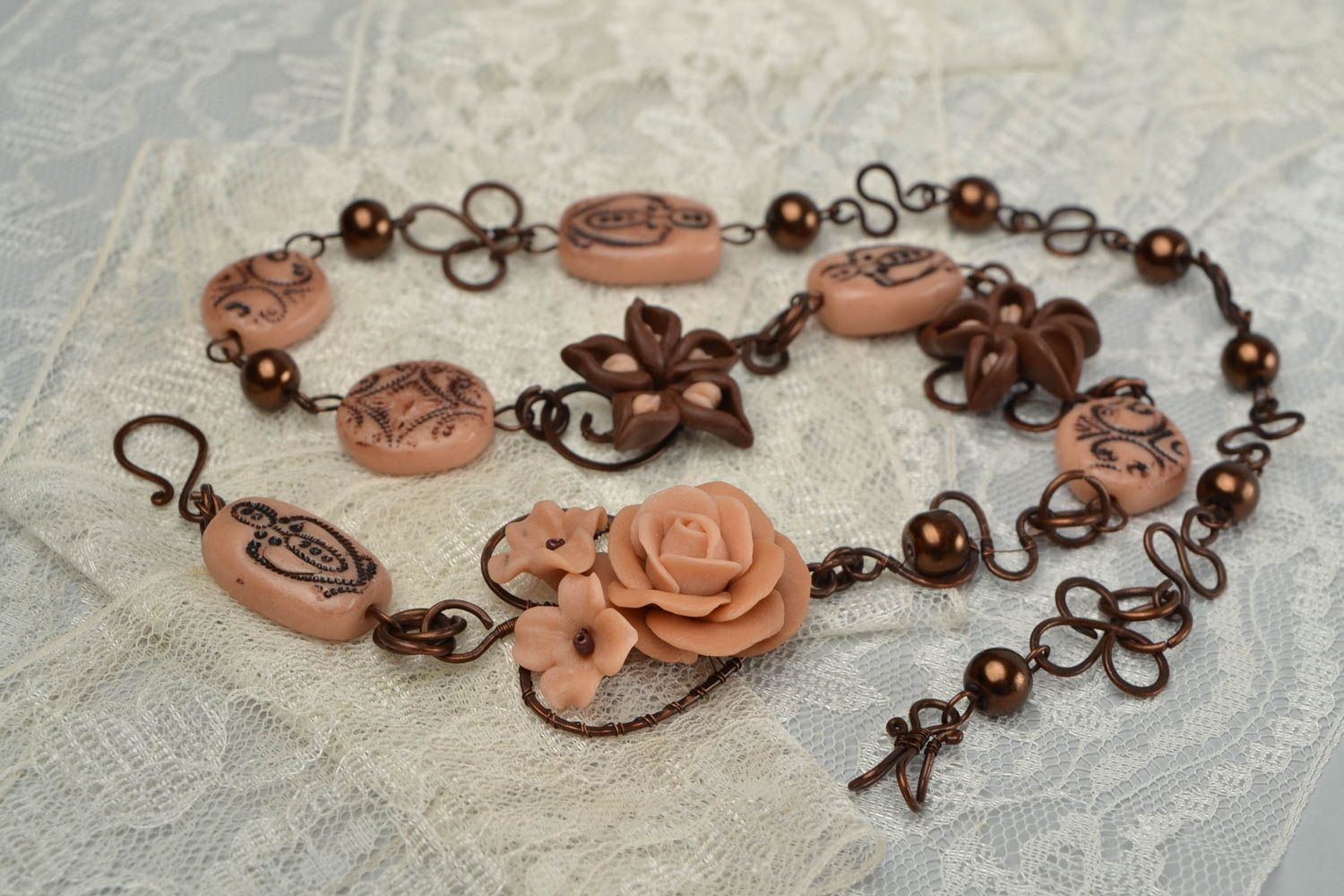 Beautiful handmade wire wrap necklace with polymer clay flowers photo 1