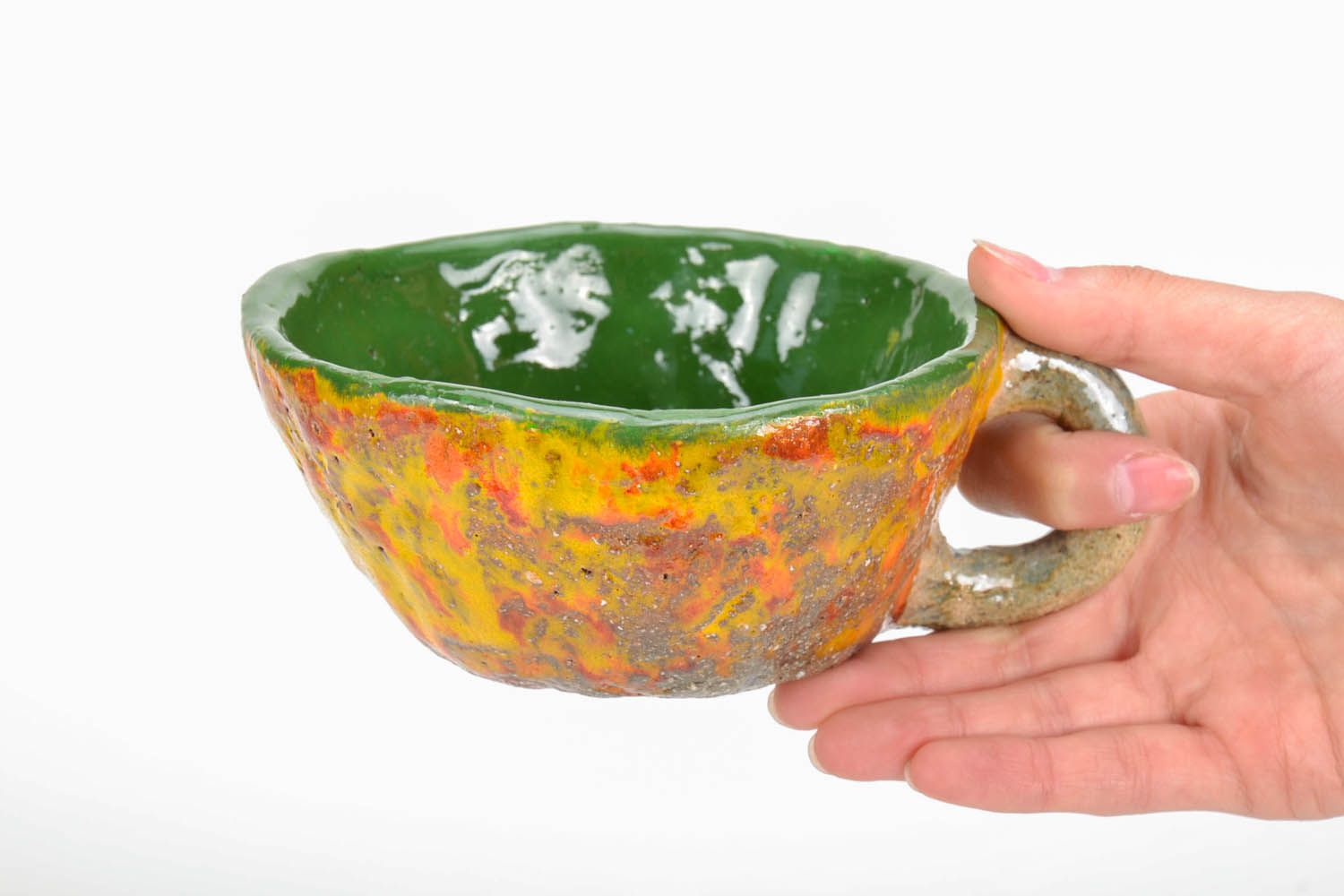 5 oz wide glazed green and gold clay cup with handle and no pattern photo 5
