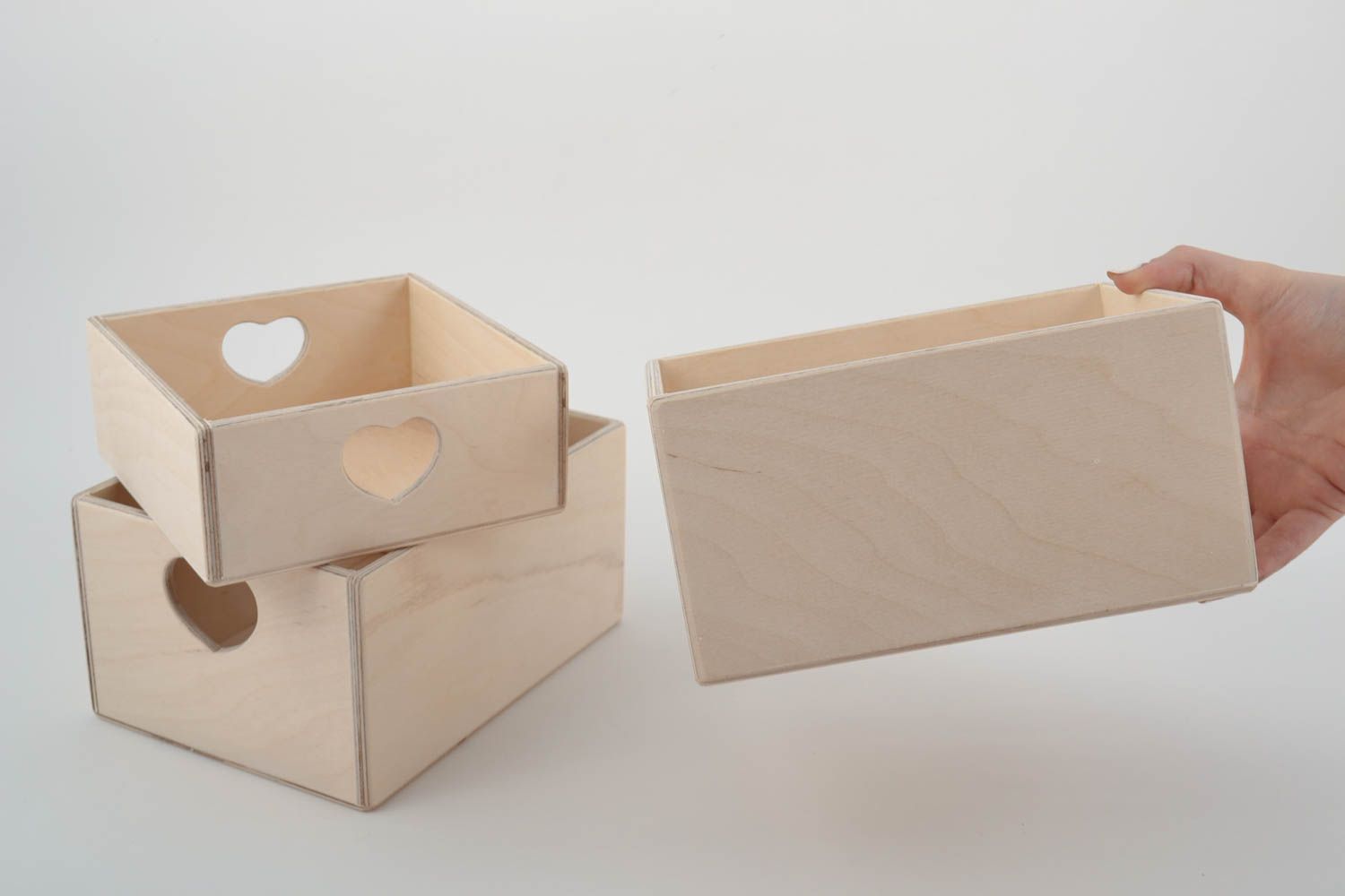 Set de boîtes en bois brut clair avec coeurs à décorer faites main 3 pièces photo 5