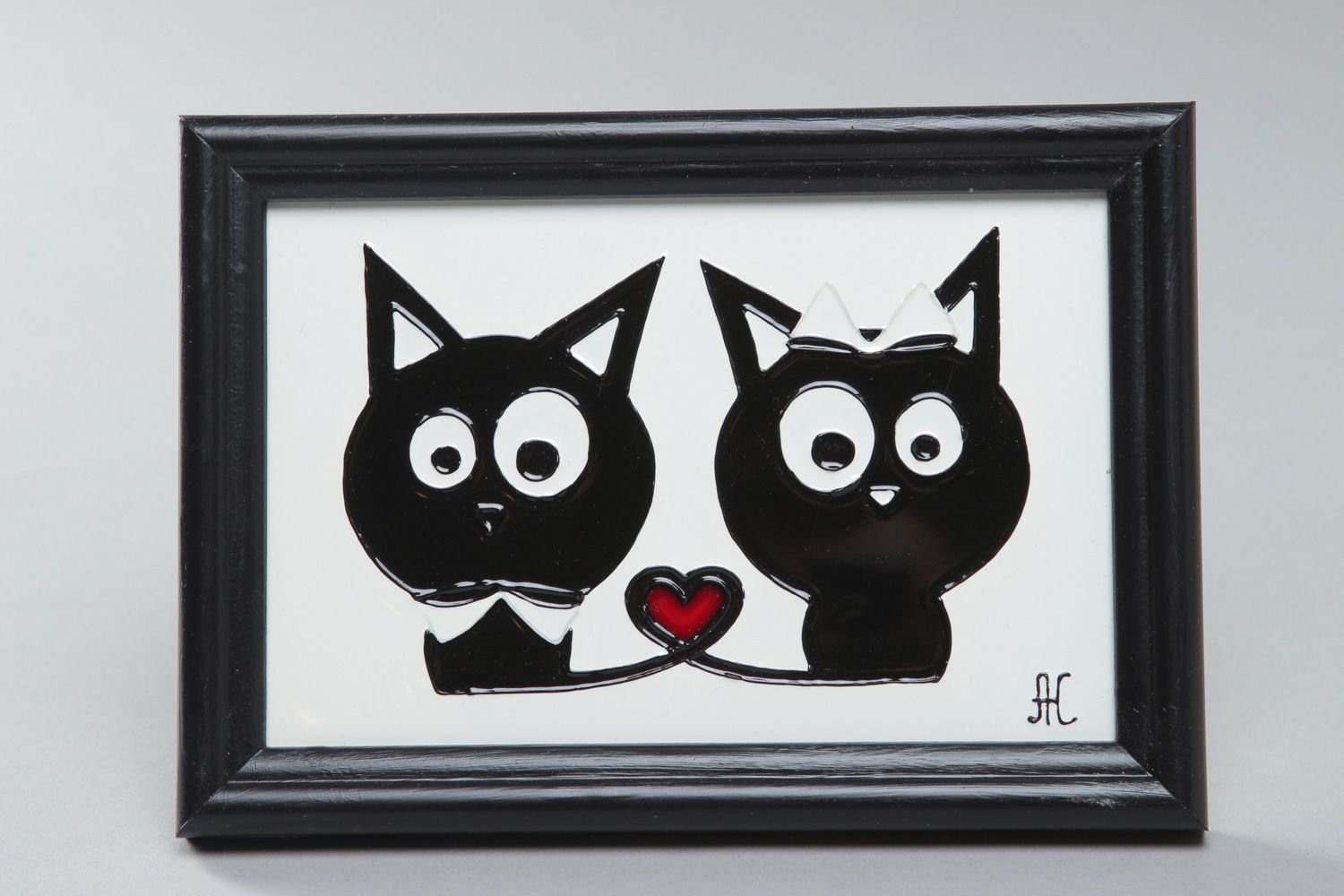 Handmade black and white stained glass wall painting cats for interior decoration photo 1
