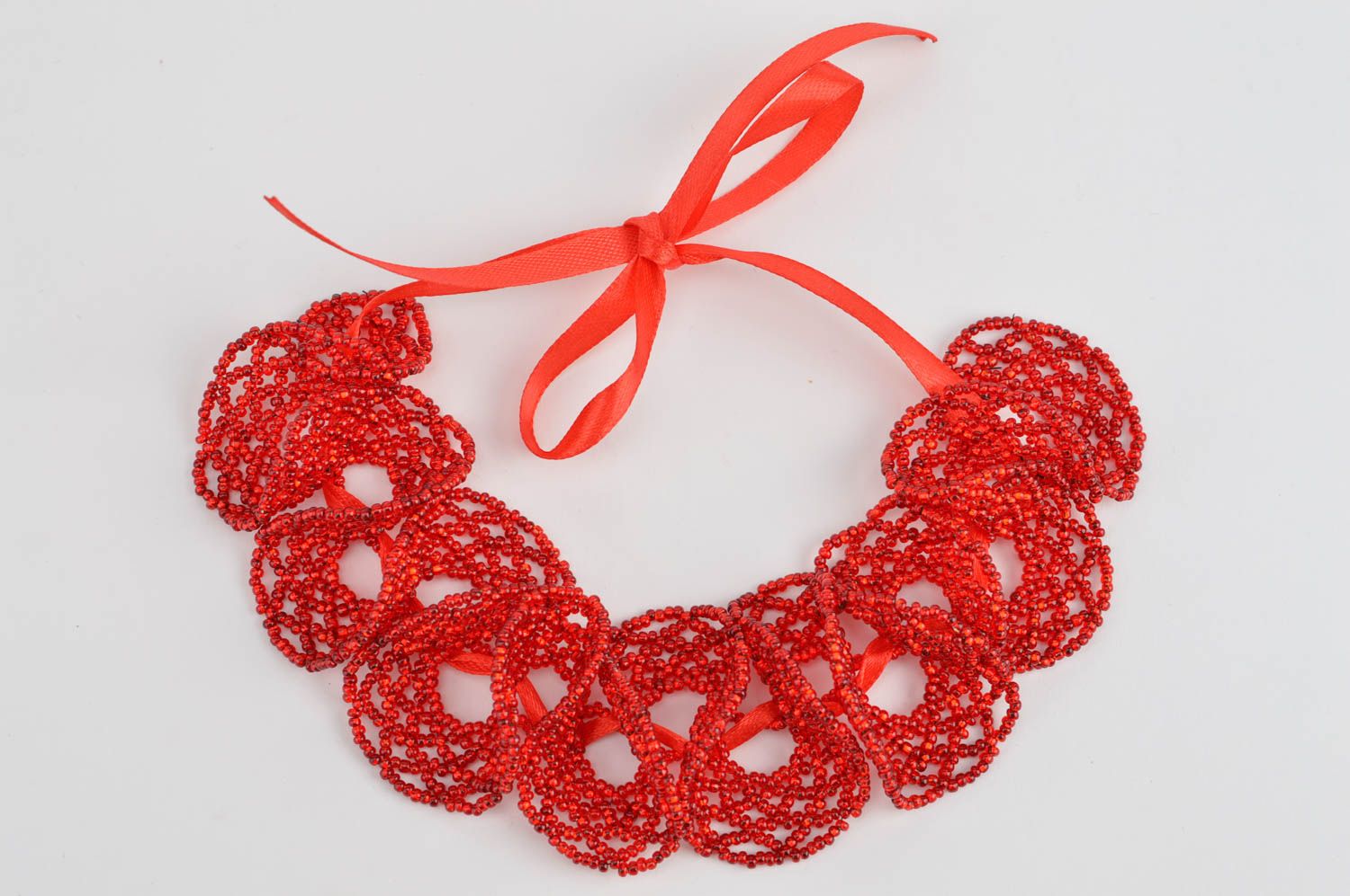 Beautiful wide red handmade woven bead bracelet with ribbons photo 5