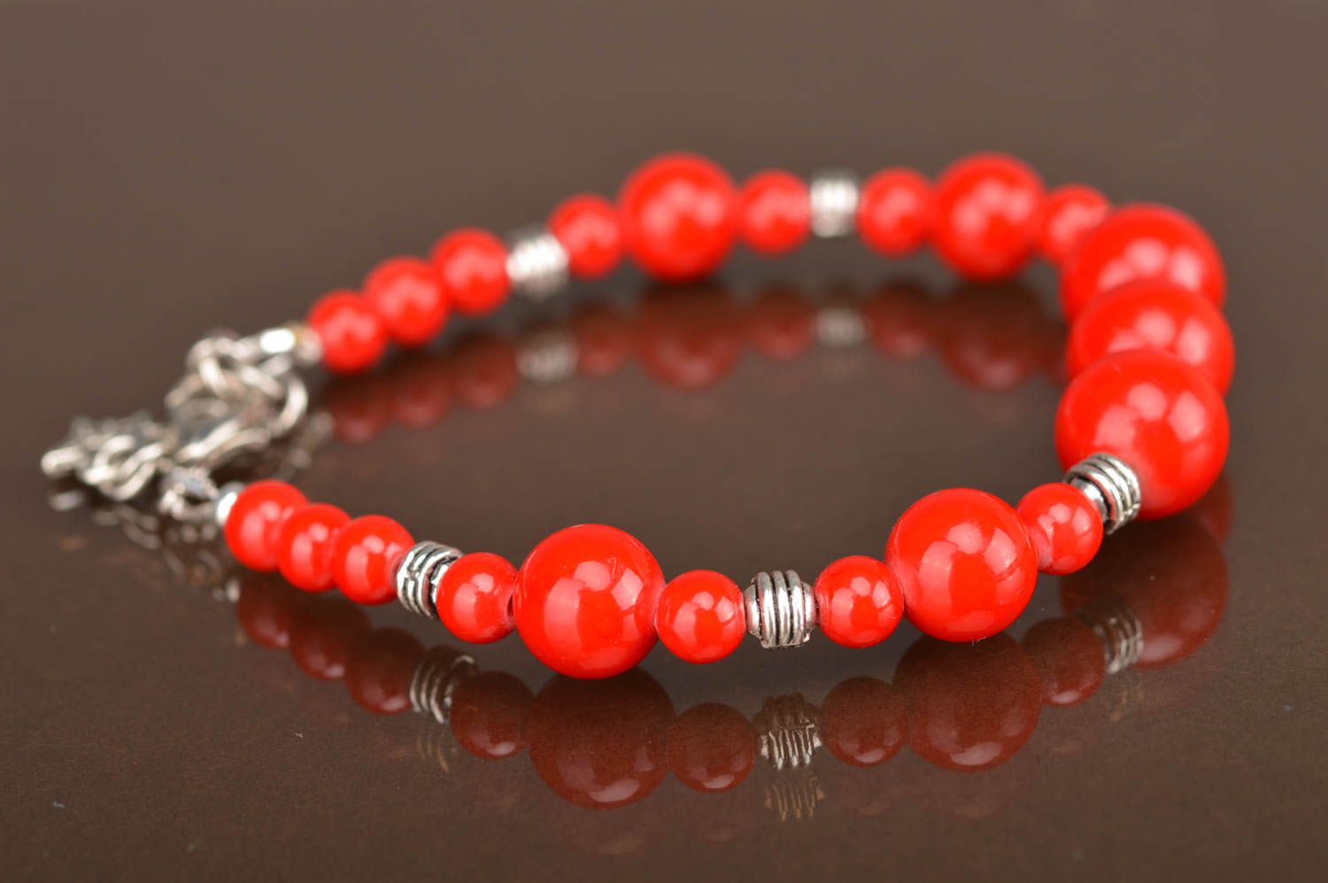 Unusual beautiful homemade designer wrist bracelet with red beads gift for girls photo 5