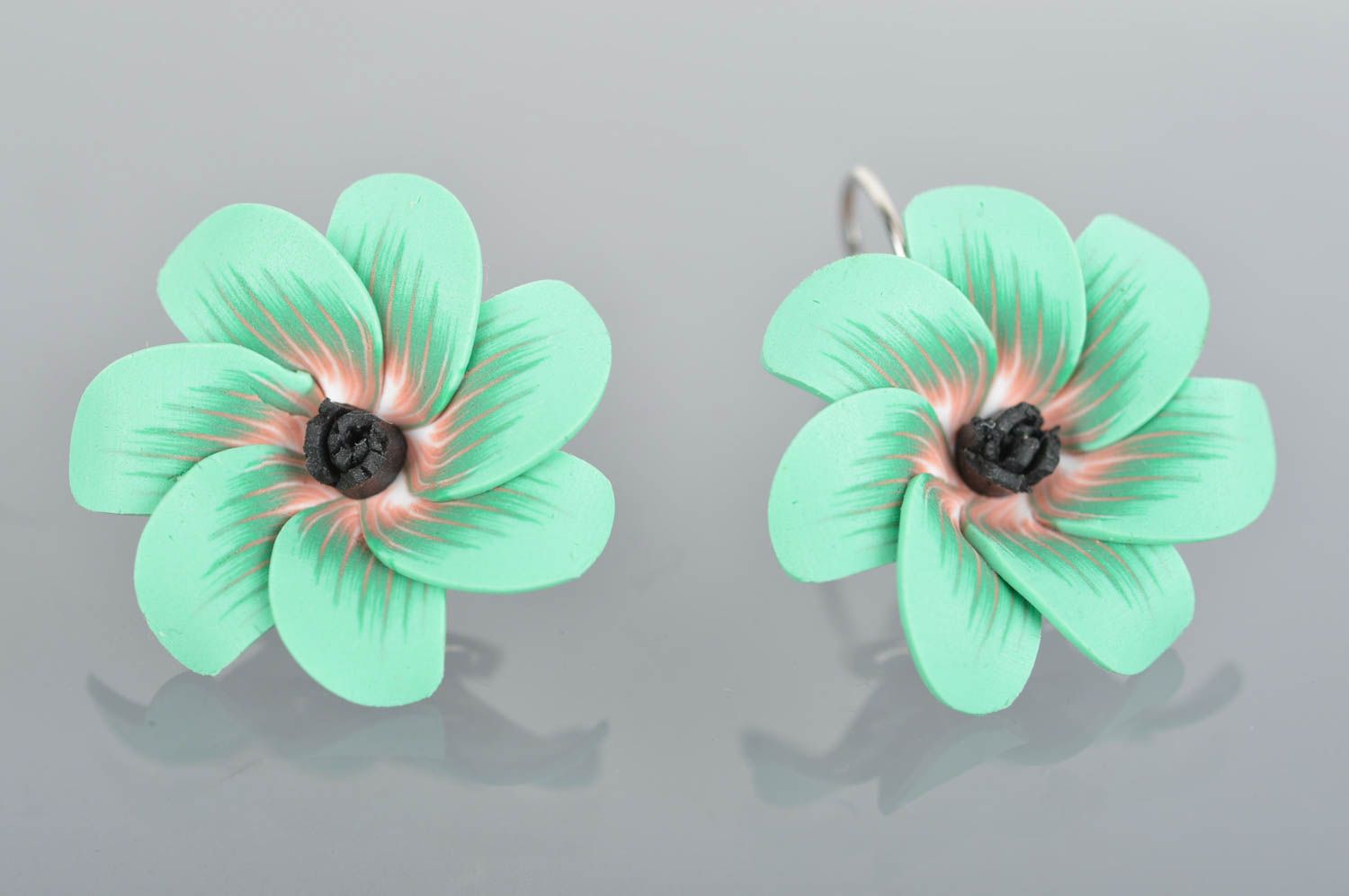 Handmade green big beautiful cute flower earrings made of polymer clay  photo 2