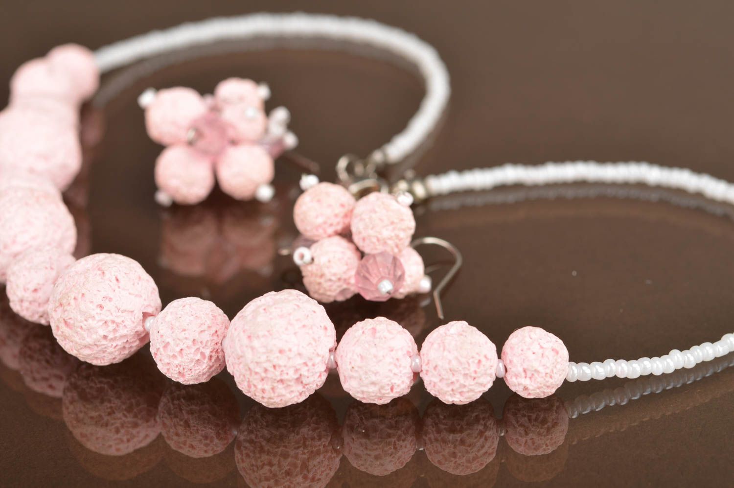 Set of handmade pink jewelry made of polymer clay necklace and earrings photo 5