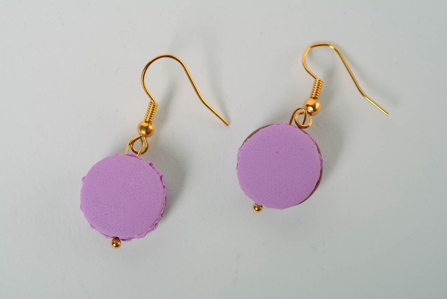 Handmade designer earrings made of polymer clay purple Blueberry Macaroons photo 1