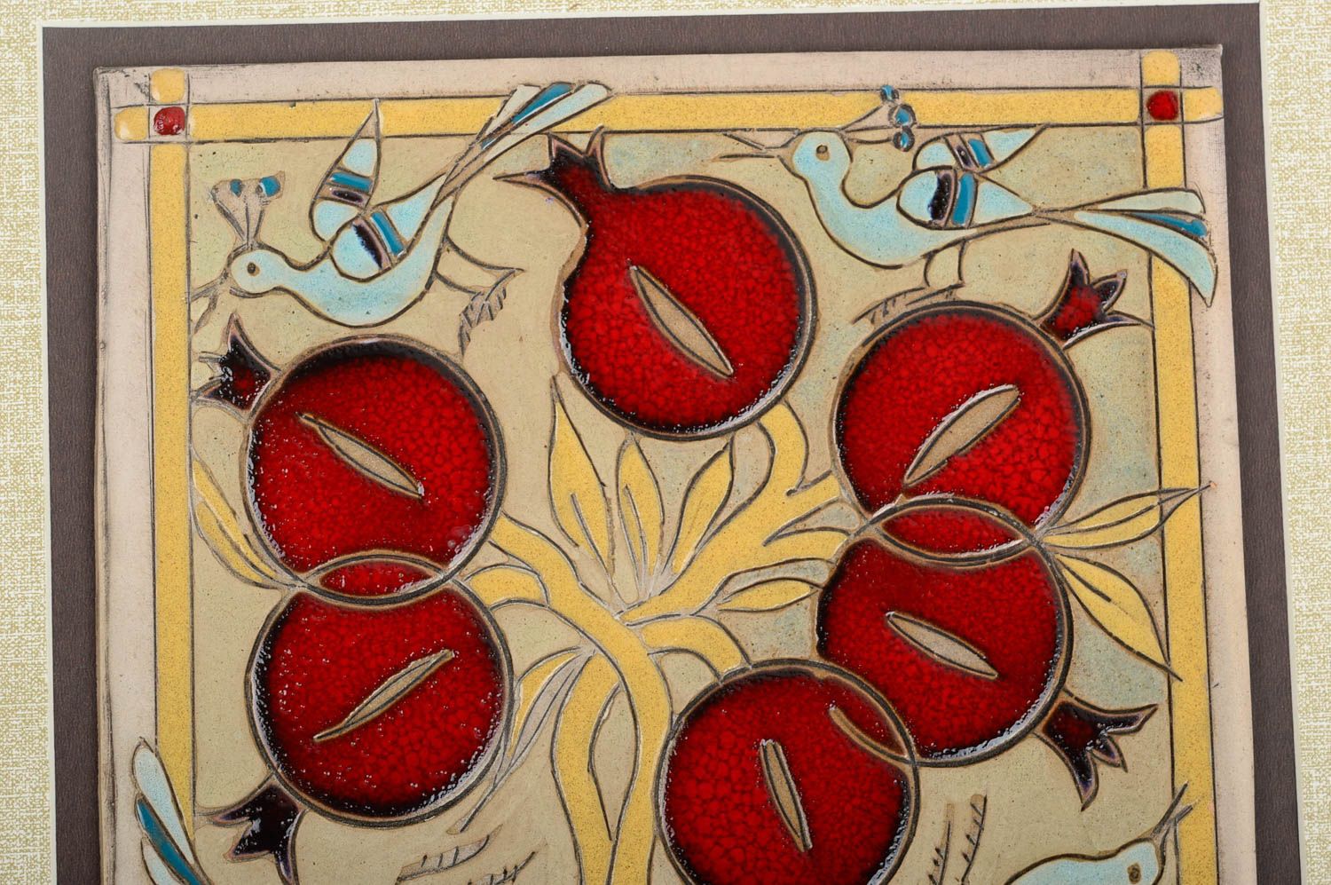 Quadratisches originelles handgemachtes Wandbild aus Tor rote Granatäpfel foto 2