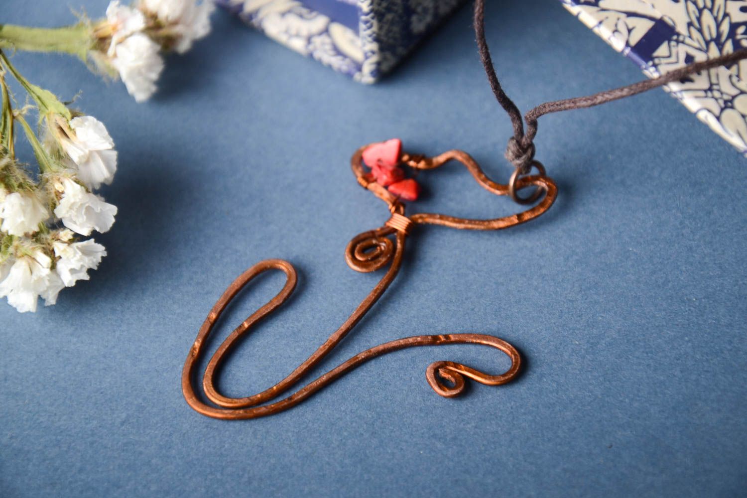 Handmade copper necklace designer pendant handmade jewelry with natural stones photo 1