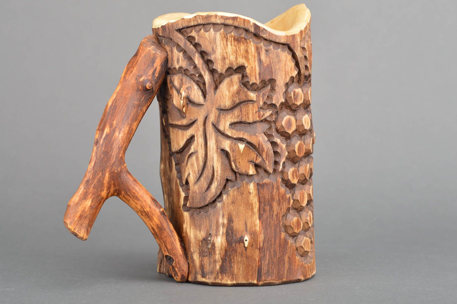 Unusual beautiful handmade designer carved wooden mug for cold drinks photo 4
