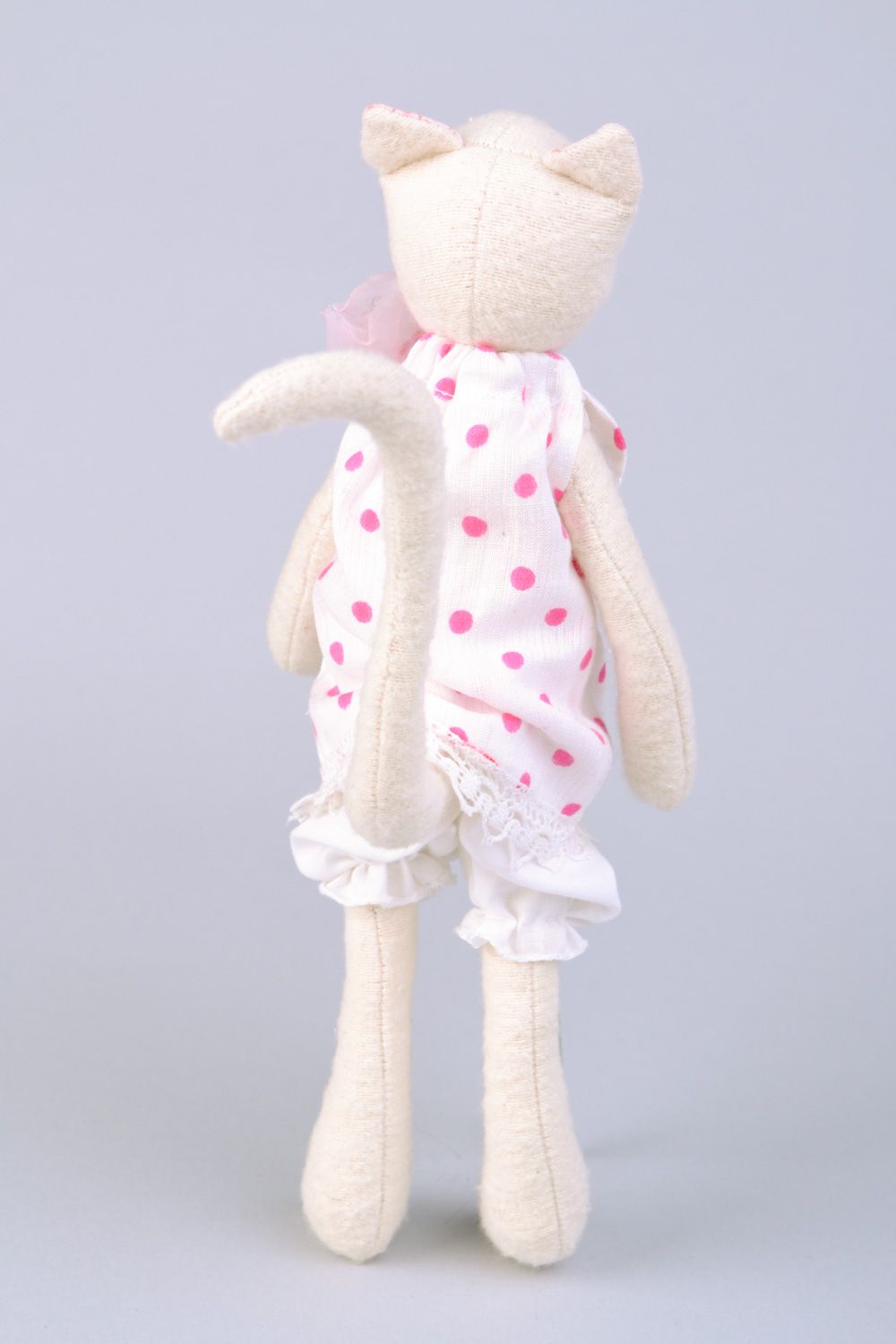 Handmade designer fabric soft toy white cat in polka dot clothing for children photo 5