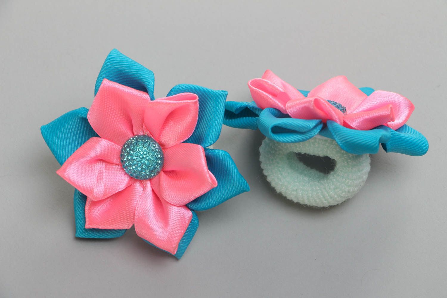 Handmade set of scrunchies made of satin ribbons pink-blue flowers 2 pieces photo 3
