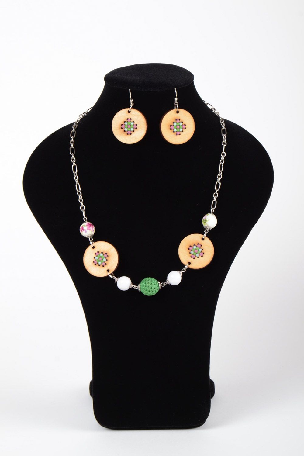 Handmade jewelery set made of plywood necklace and earrings with cross-stitch embroidery photo 2