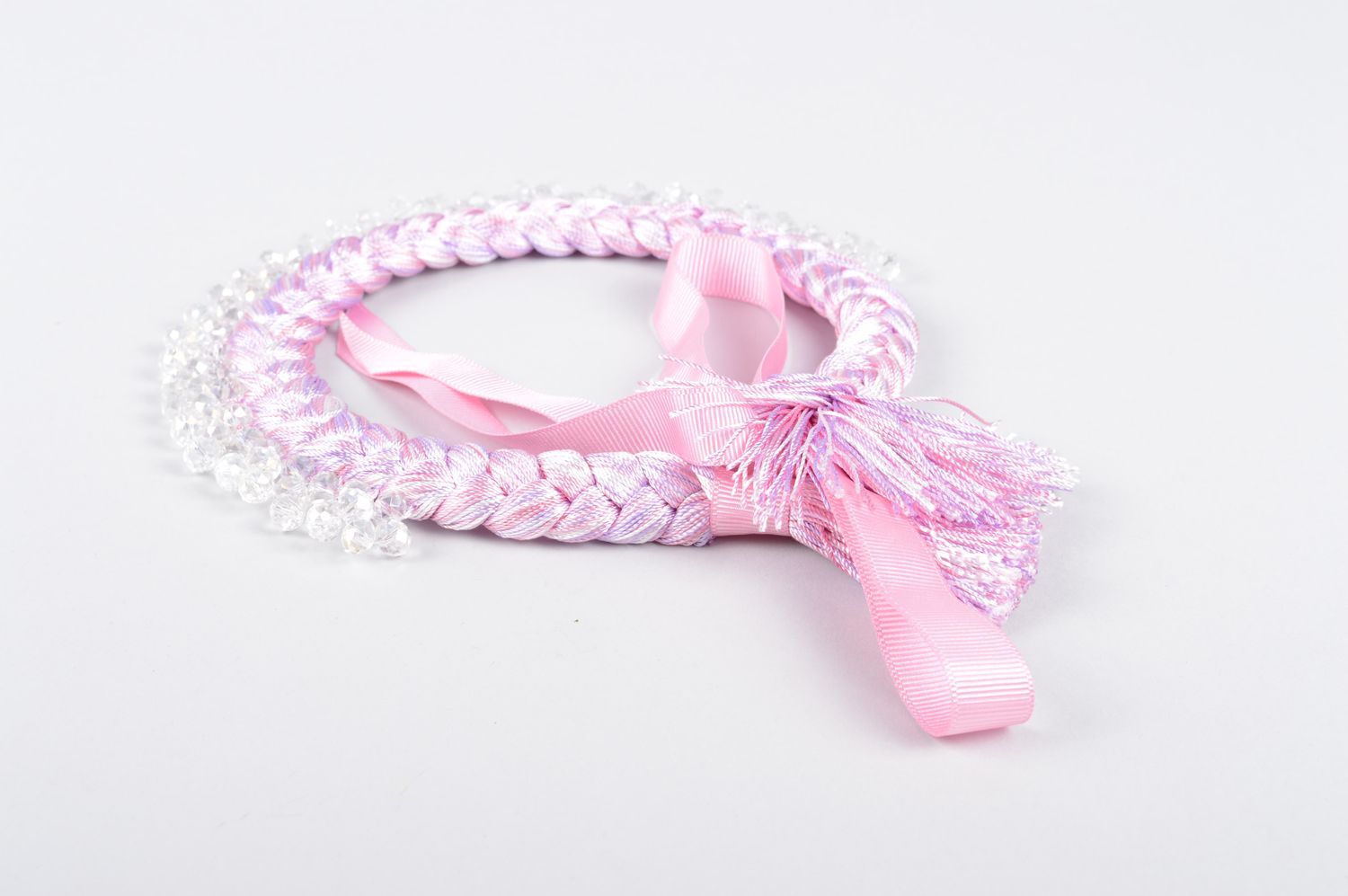 Колье коса из шелка ручной работы розовое украшение на шею модная бижутерия фото 2