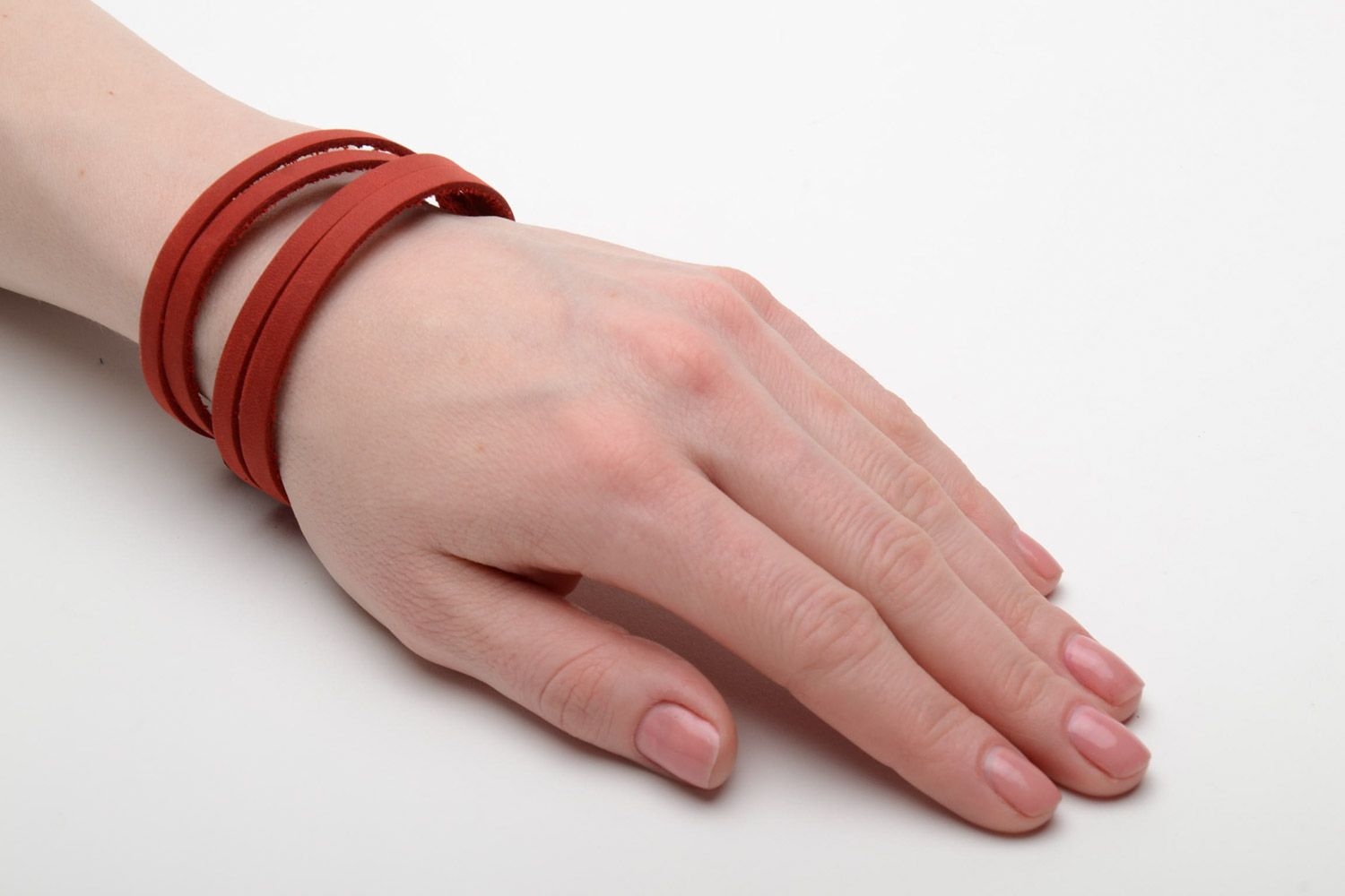 Thin designer multi wrap genuine leather wrist bracelet of red color for women photo 2