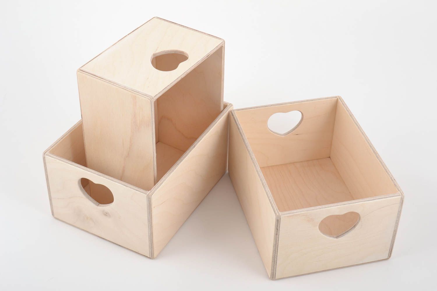 Set of 3 handmade plywood craft blank boxes with hearts for creative work photo 3