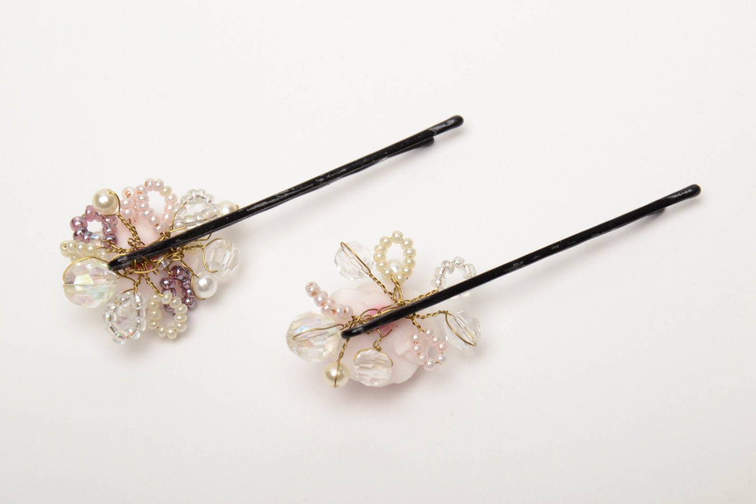 Handmade polymer clay flower hairpins with beads photo 4