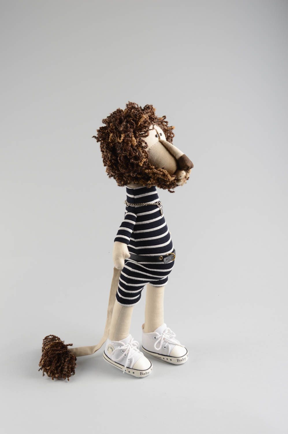 Handmade designer interior cloth soft toy lion in striped overall and white vans photo 3