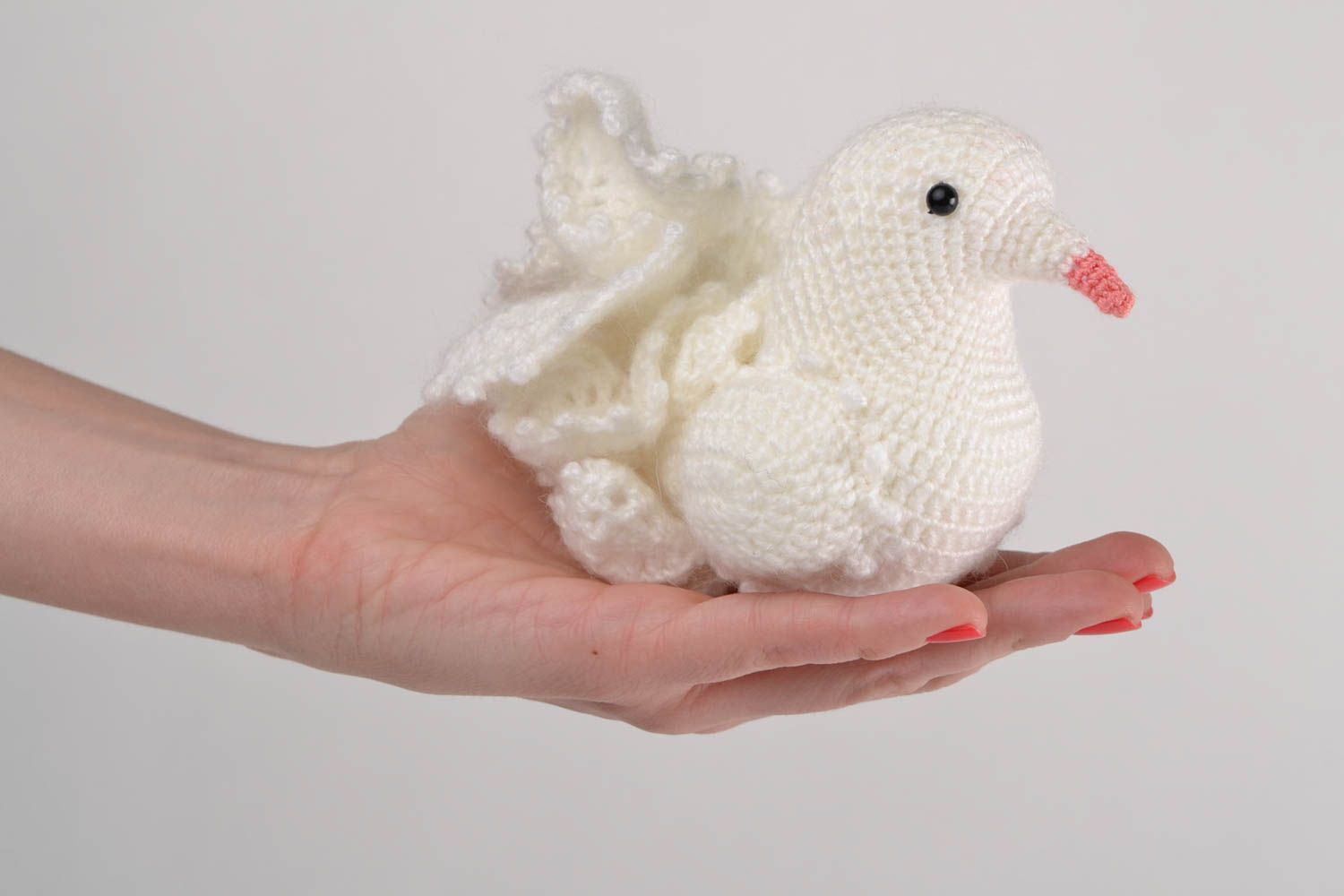 Handmade soft toy crocheted of acrylic threads white dove for interior decor photo 2