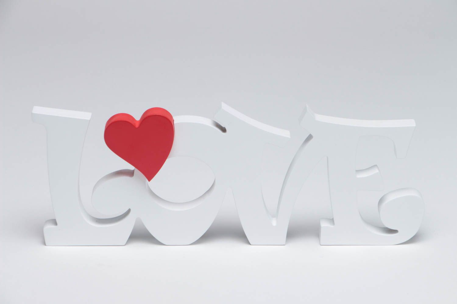 Handmade decorative white plywood word Love painted with acrylics with red heart photo 2