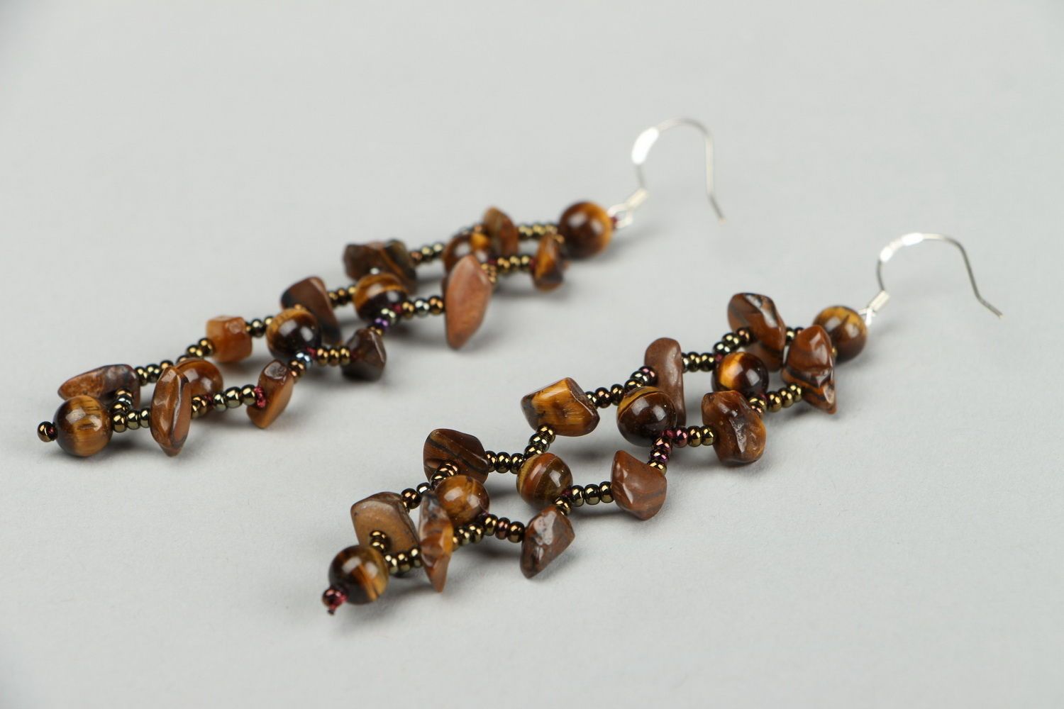 Pendent earrings made of Czech beads with tiger's eye stone photo 2