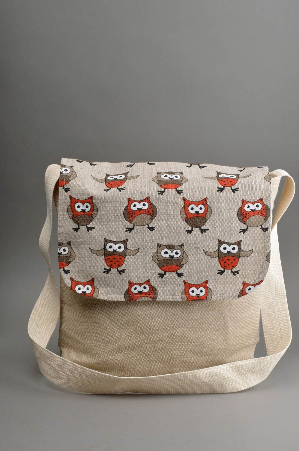 Sac en tissu fait main avec imprimé hiboux en lin et coton accessoire pour femme photo 3