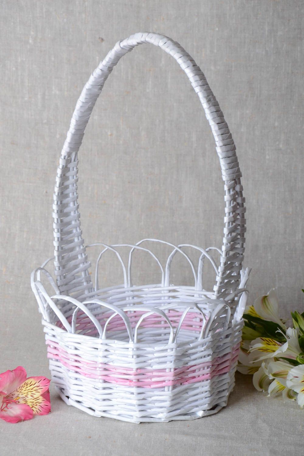 Handmade basket created of paper tubes white with a large handle for home photo 1