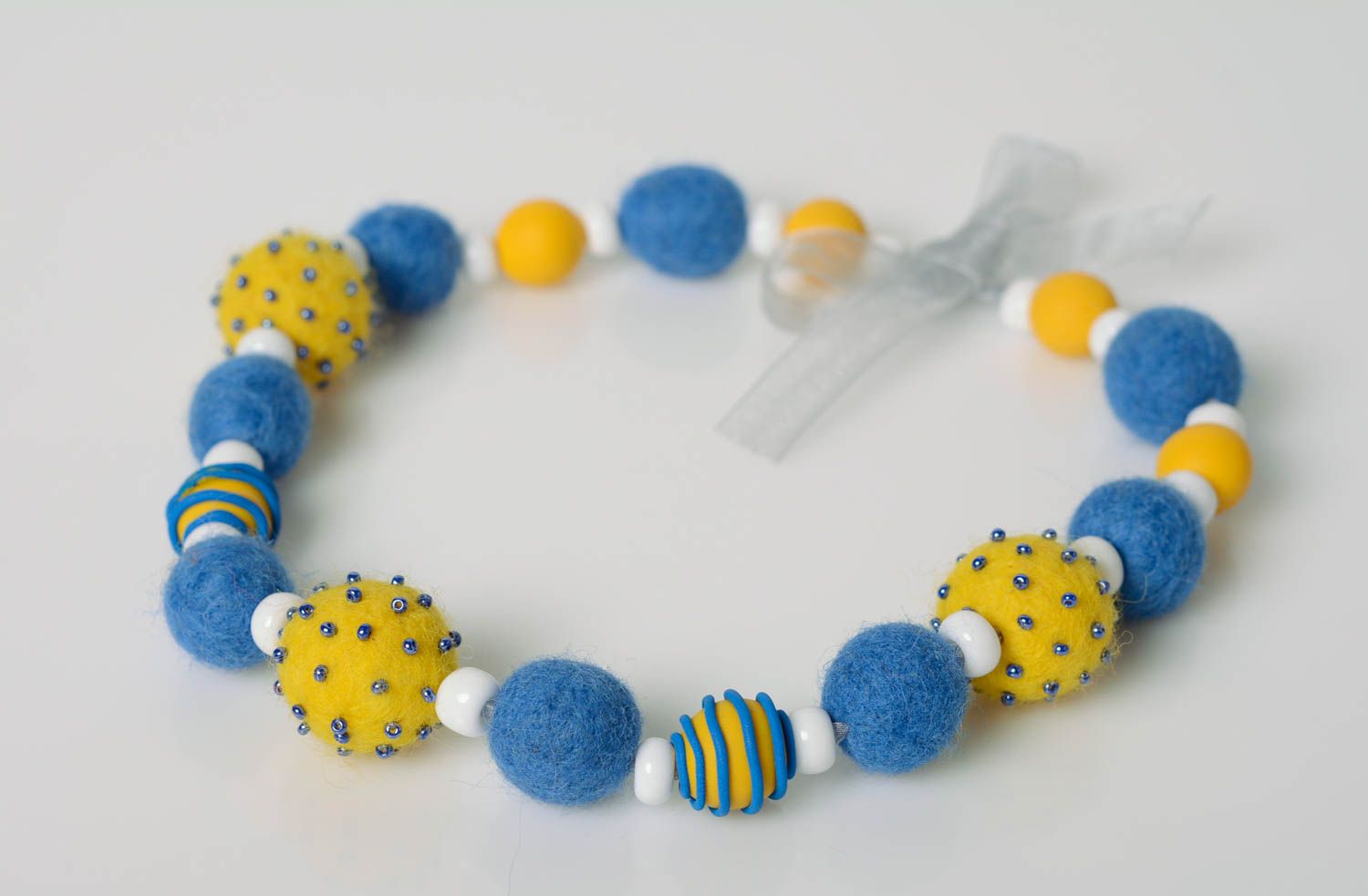 Handmade bright women's felted wool bead necklace with polymer clay elements photo 1