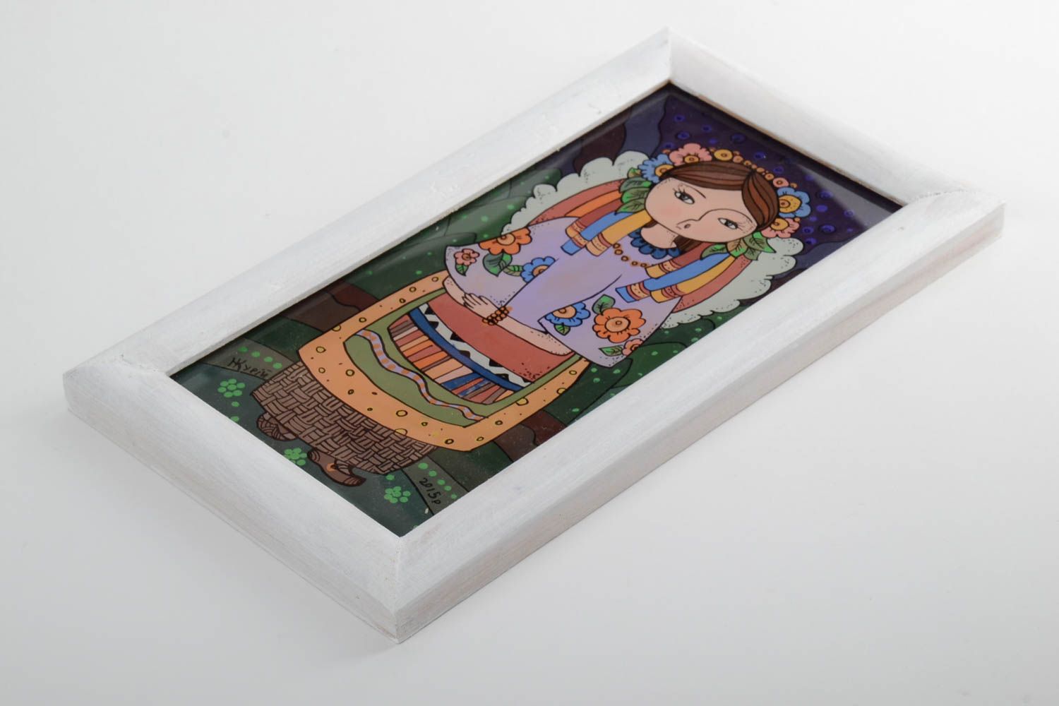 Belle peinture avec fille aux couleurs à l'huile faite main dans cadre en bois photo 2