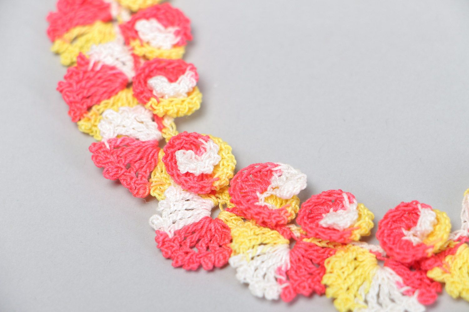 Handmade necklace crocheted of cotton pink and yellow color-blend threads  photo 4