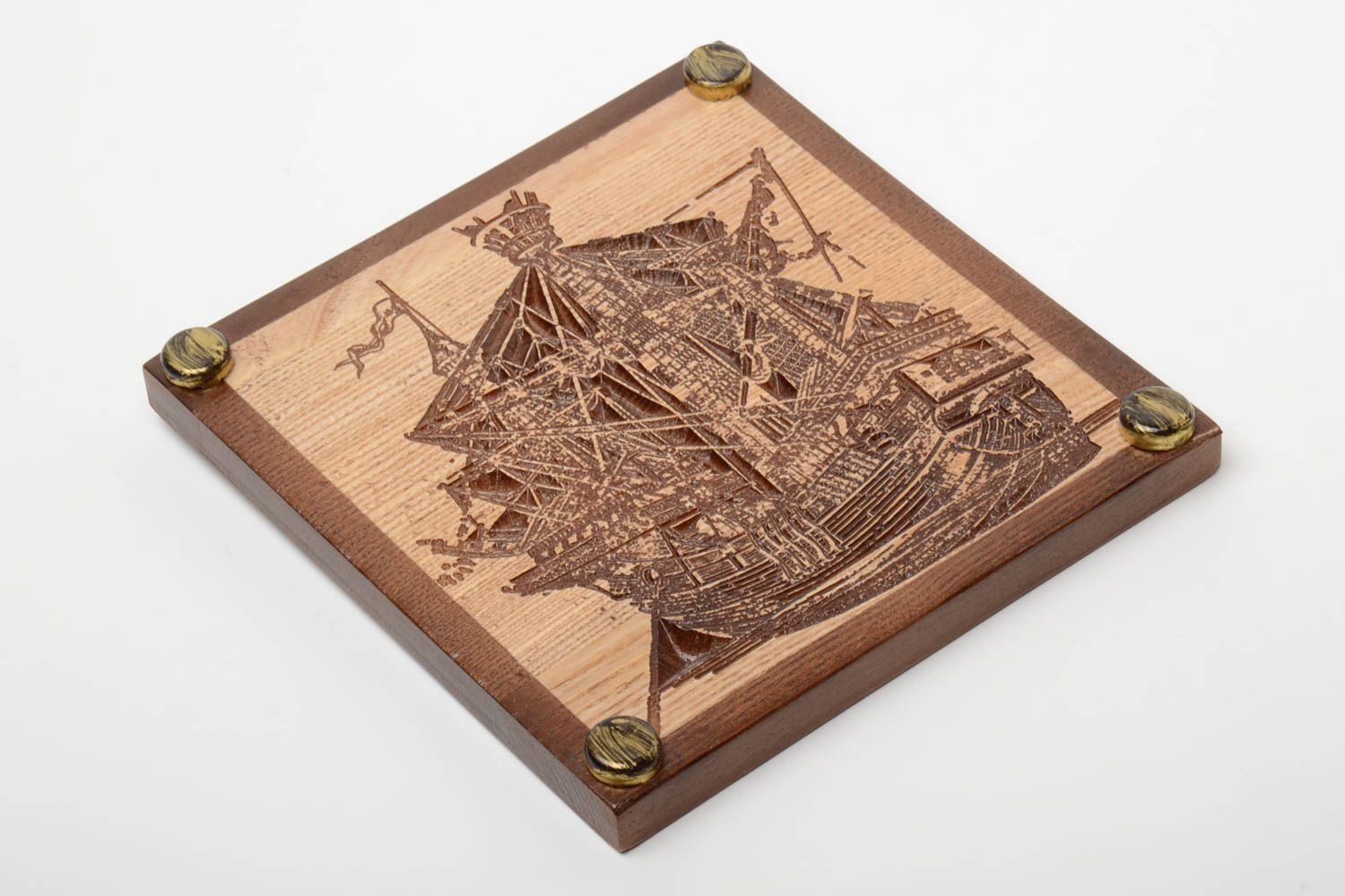 Tableau carré en bois de frêne fait main sculpté petit original avec navire photo 2