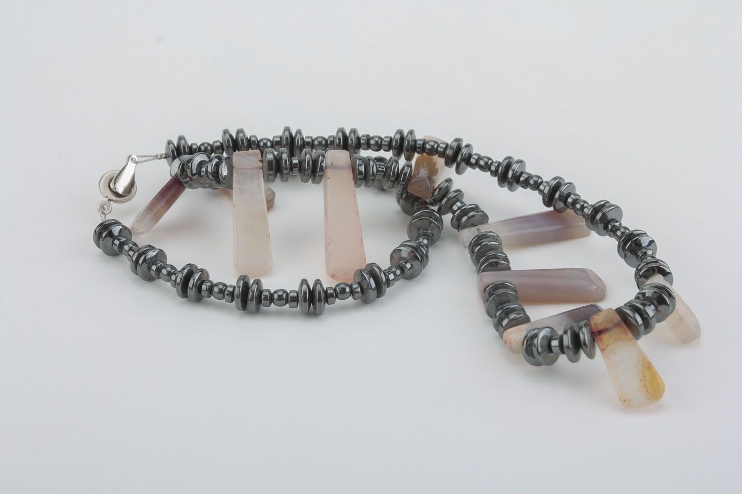 Bead necklace with natural stones in gray color palette photo 1