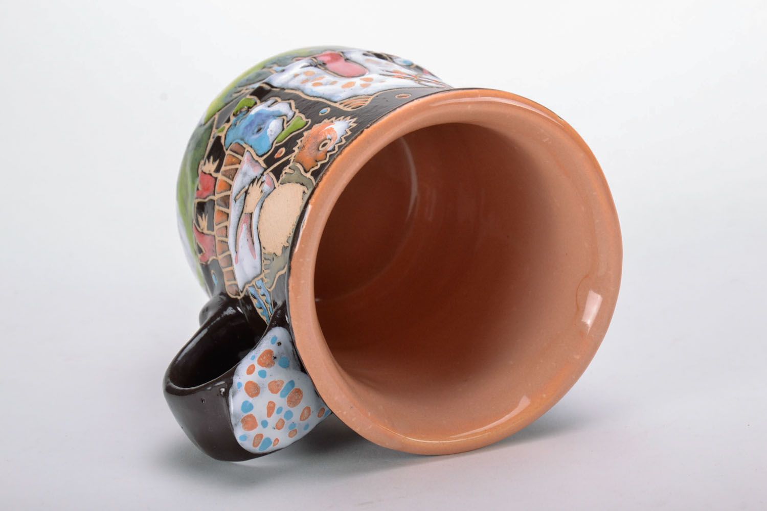 8 oz clay ceramic porcelain glazed tea mug with handle and fairy tail creatures pattern photo 3